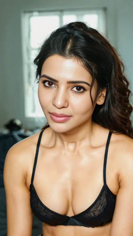 Samantha ruth prabhu, Photorealistic blrs woman, wearing tiny black bikini, detailed short messy hair, mid shot, Detailed skin, detailed body, pale blue eyes, Natural Skin Texture, skin detail, shiny skin, shiny glossy skin, WET skin, wet body, glossy skin, oily skin, Mediterranean tan, realistic skin, skin pores, intricate detail, raw photo, mature female, glossy lips, luscious lips, pretty nose, lifelike rendering, immersive atmosphere, chiaroscuro, moody lighting, perfect female body, on a bed after shower