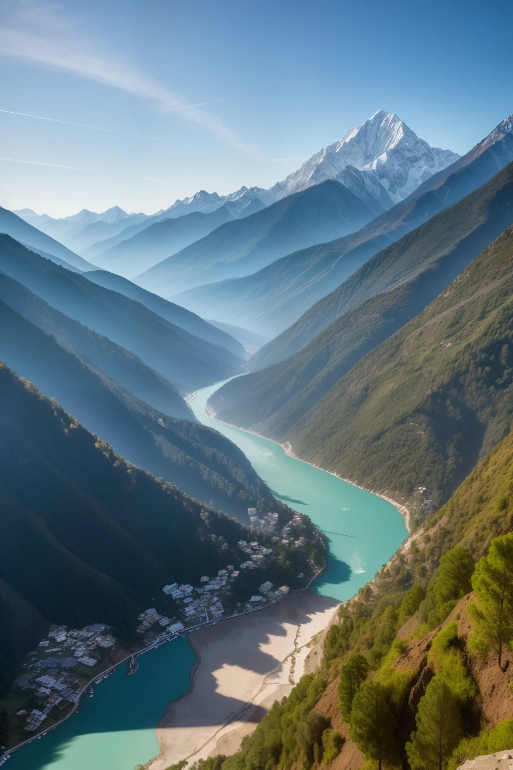Experience the awe-inspiring vistas of Uttarkashi in hyper-realistic detail, where the breathtaking surrealism of the mountains comes to life before your eyes through the captured essence of the camera lens. This masterpiece showcases the landscape in 16K ultra high definition, showcasing every intricate crevice and textured peak in its full glory. The play of light and shadow on the towering mountains creates a dramatic effect, enhancing the natural beauty of the setting. The perfect balance of realism and fantasy blends seamlessly in this hyper-realistic depiction of Uttarkashi's extraordinary landscapes. This high-quality photograph is a testament to the beauty
