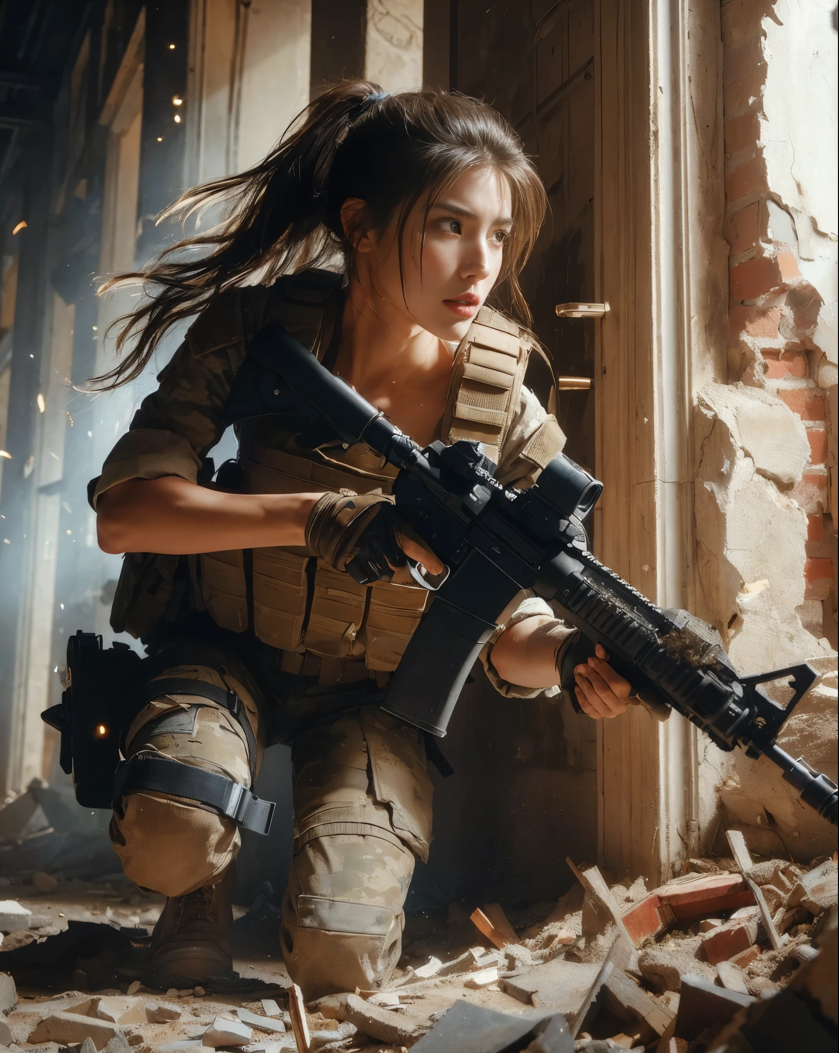 (highest quality, 8k, Realistic photos:1.2), Realistic skin texture, Beautiful Japanese women serving in the US military, In a rubble-strewn building, get attacked, Resist and try to escape, Collapsing Wall, Assault rifle, Bulletproof vest, Backpack, boots, Covered in scars, A look of determination, Dynamic pose, Innovative Configuration, Dust in the air