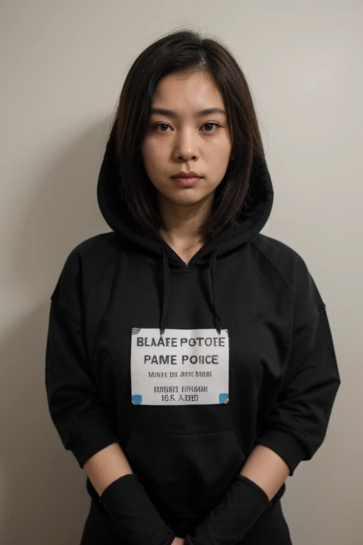 ((Female)), ((Asian)), ((police station)), ((black hoodie without print)), ((cute face)), ((mugshot)), ((height marks wall on the background)), ((low quality)), ((arrested photo))