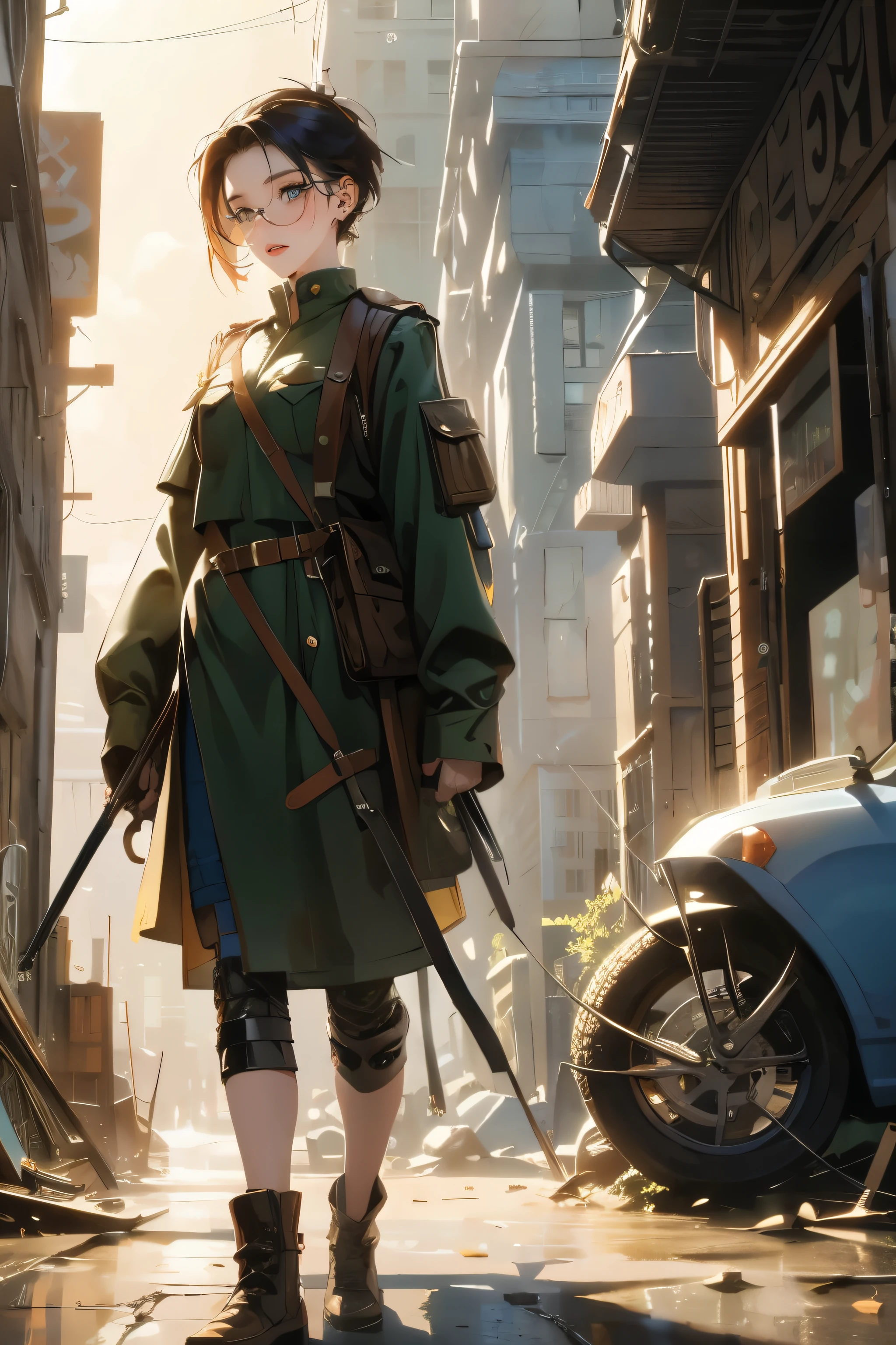 a pretty girl messenger, wearing large glasses, undercut hair, wearing postal uniform, in a post-apocalyptic world