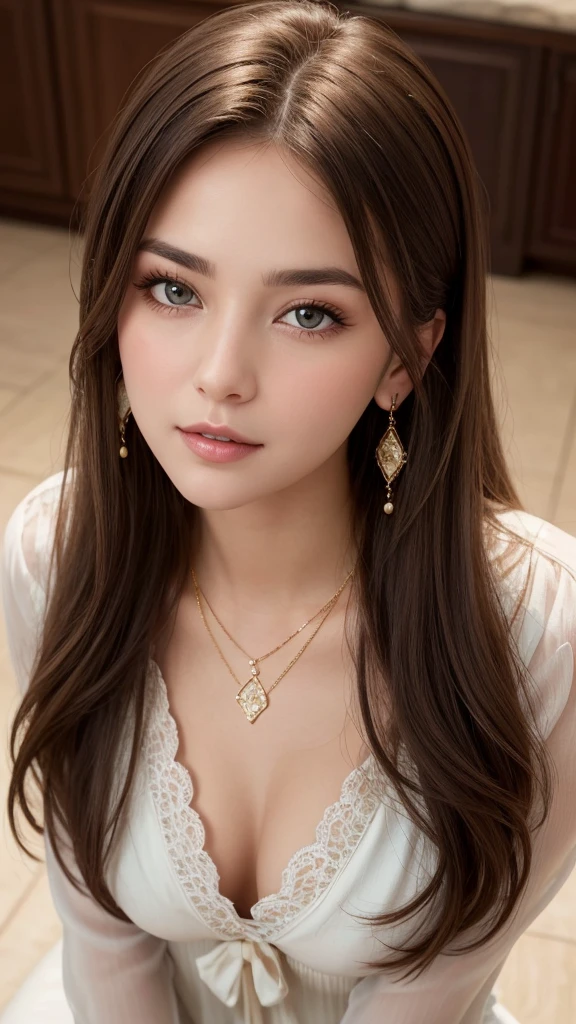 1 25 years old beautiful woman with long hair posing for a picture, Beautiful long hair woman, A very beautiful woman, She is blushing and making a kissy face, Her face is turned upwards, Well-cared for beautiful long hair, 8K Ultra Realistic Portrait, Photograph from the front of her, Camera angle of view from above, Smooth long hair beautiful woman, She is slim figure top model and famous movie actress, She has a very white and fine and smooth skin, Breast enhancement, (((1 Russian woman))), The eyebrows are raised and furrowed, She has bittersweet feeling, Glossy long hair, Super thinly opened eyes are moist and droopy, She is looking up at the viewer from below, Her thick plump and shiny lips are half-opened, Close-up photo of face, A person in the center left and right, The whole head is shown, She is wearing a pastel colored blouse, A very simple necklace and very simple earrings, Perfect Makeup, Professional lighting like movies in a dark room