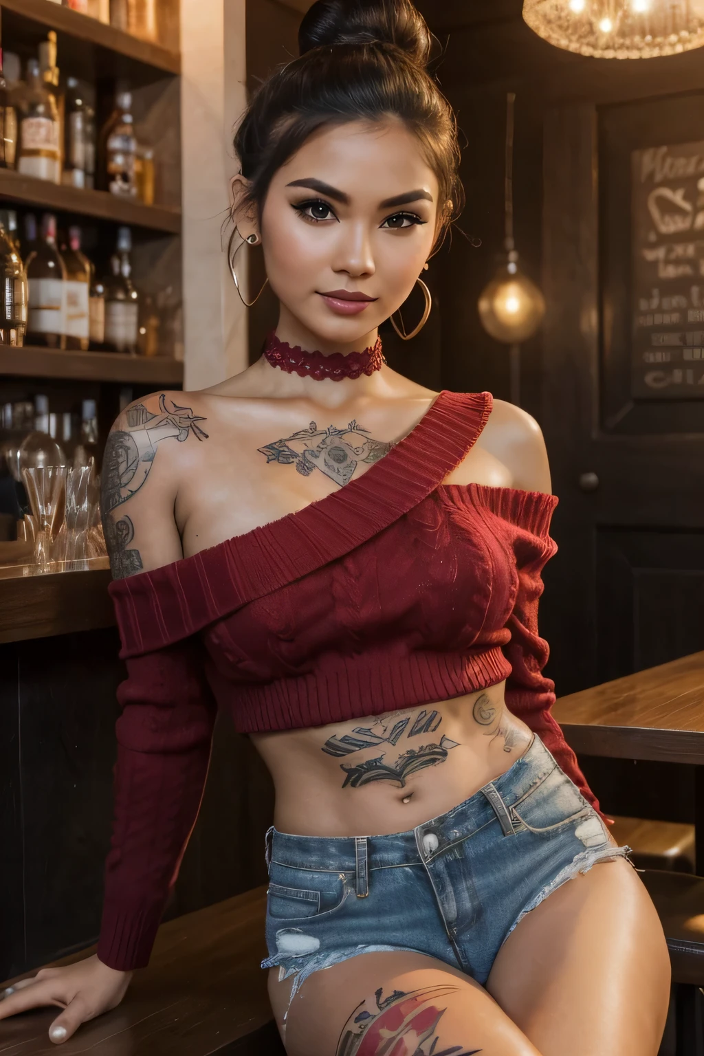 ((best quality)), ((masterpiece)), ((realistic)), ((ultra high res)), ((UHD)), (high details), perfect face, ((photorealistic:1.4)),
an Indonesian milf, (square faced)
textured skin, makeup face (eyebrows, eyeliner, lipstick, blush on, curled eyelashes),
((plump_body)),
short ((hair_bun)), (Black_choker),
((red sweater off the shoulder, lace_G-string)),
sitting with her legs open on the bar table,
doing a photo shoot in small bar at home,
dynamic pose, faint smile, looking at the viewer, sharp focus,
full body photo, (Bokeh),
((chest_tattooed)),