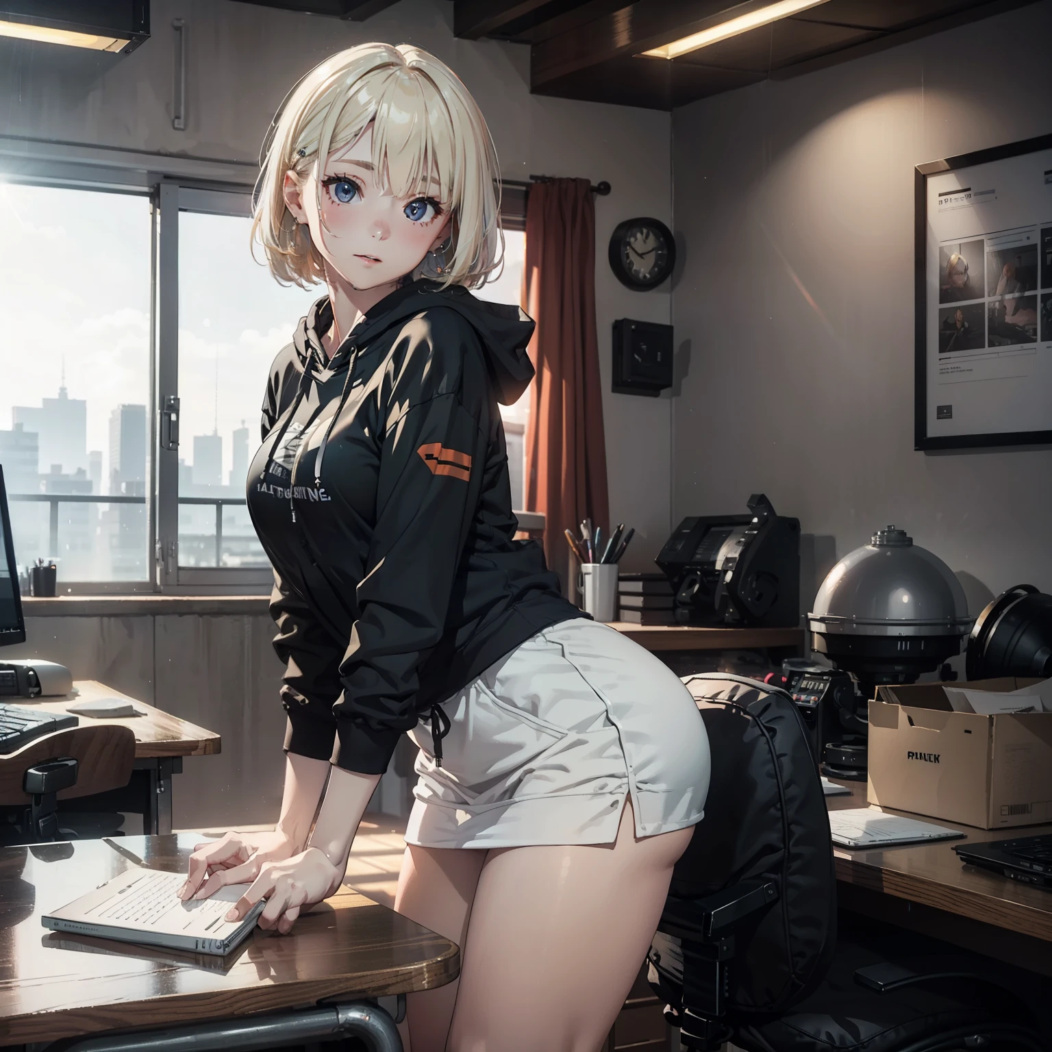 1 Women on the desk、coding、room、rainyday、thick body、wearing hoodie、(platinum-blonde-hair:1.2)、((超A high resolution))、Detail Write、​masterpiece、top-quality、extremely details CG、8K picture quality、Cinematographic lighting、lensflare、Hyper-detailing