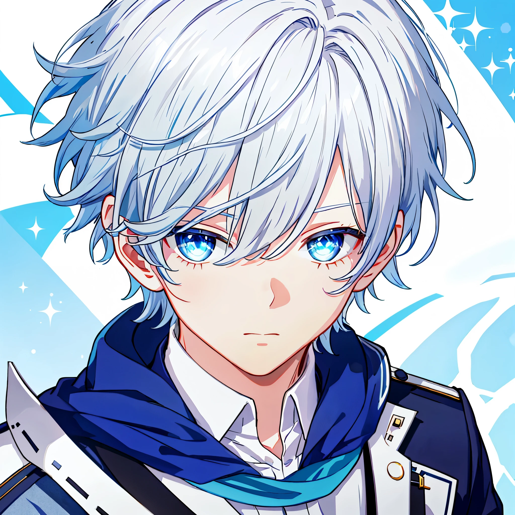 1 boy, white hair, blue sparkling eyes, handsome， The upper part of the body，short hair， exteriors， daysieackgound， blue-sky， Skysky， chies， looking at viewert， stairwayont， close-up,    detailed face,    detailed eyes