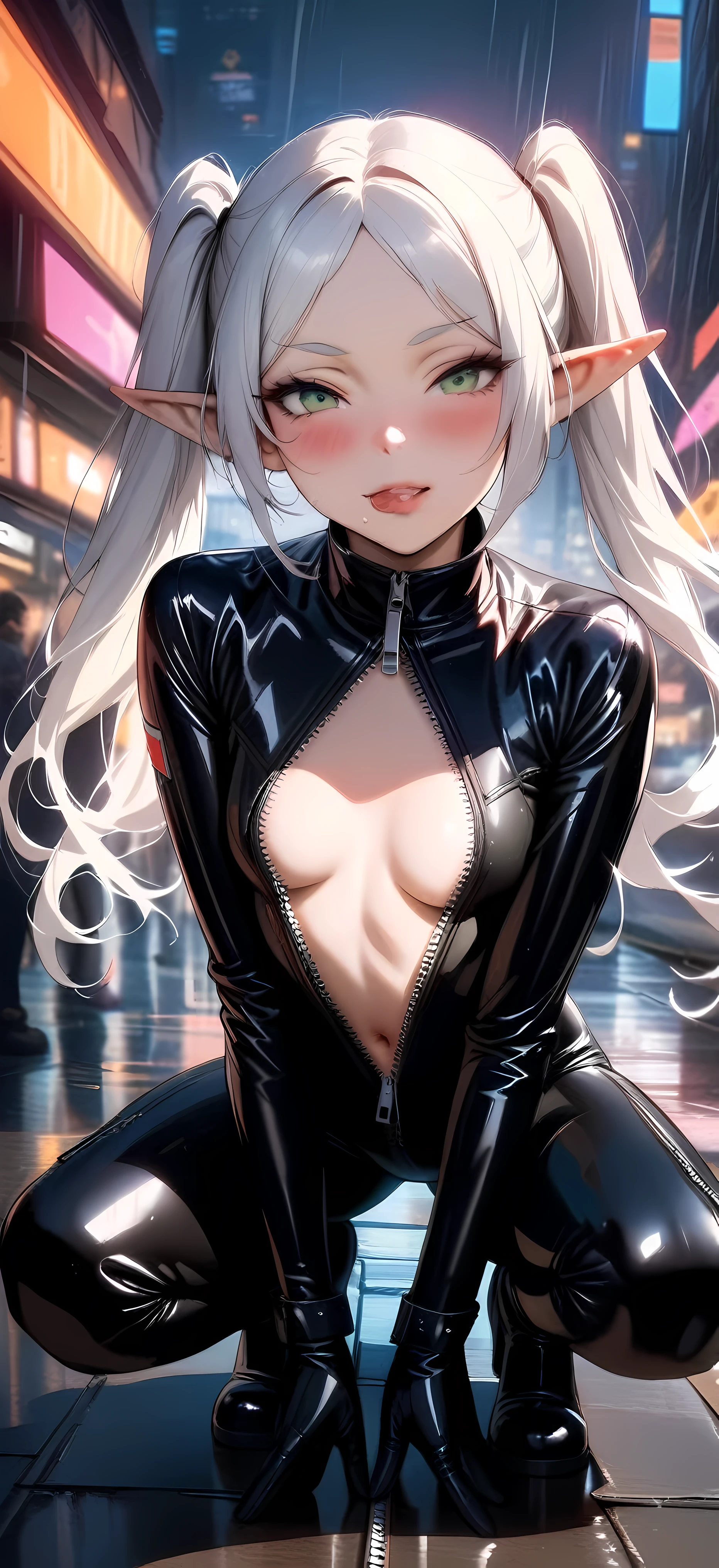 （lifelike， high - resolution：1.3）， 1 girl with a perfect body，slender body, Super fine face and eyes，assasin, dark makeup, shiny skin，white hair, sexy black bodysuit， Expose cleavage, extravagant makeup, pink eyeshadow, dark makeup