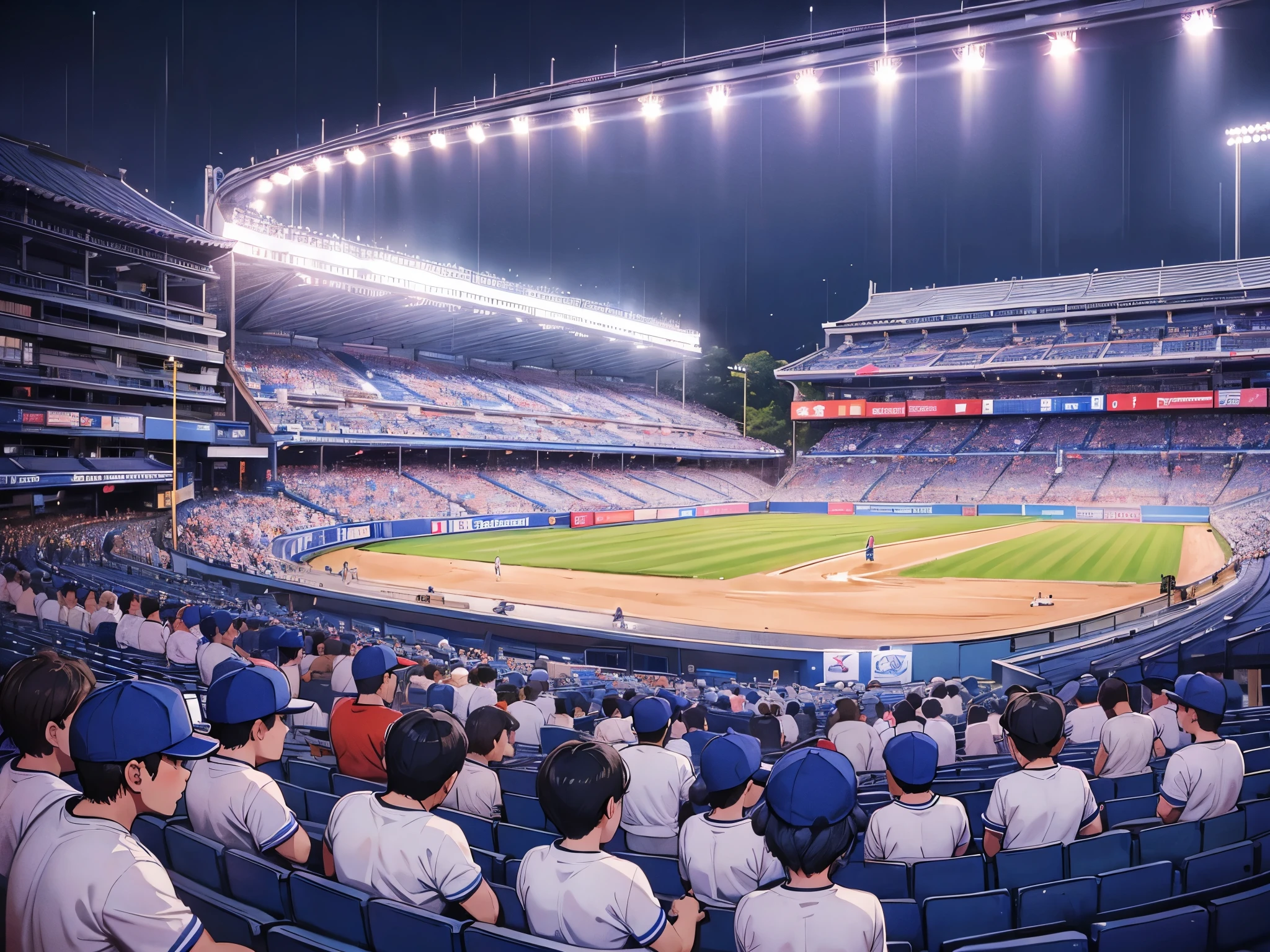 DeNA Baystars, Baseball stadium right stand, support, Night game, (Buruma:1.6), Blue Psyllium, rain, Disappointed, sigh,