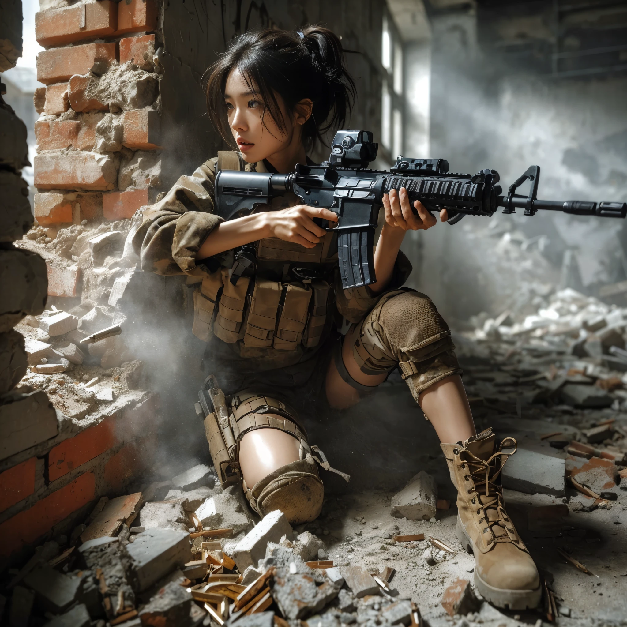 (highest quality, 8k, Realistic photos:1.2), Realistic skin texture, Beautiful Japanese women serving in the US military, In a rubble-strewn building, get attacked, Resist and try to escape, Collapsing Wall, Assault rifle, Bulletproof vest, Backpack, boots, Covered in scars, A look of determination, Dynamic pose, Innovative Configuration, Dust in the air