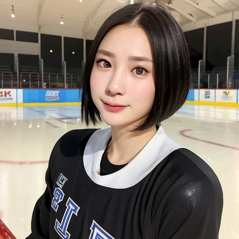 (kawaii 24year-old Japanese girl, Nogizaka idol, Korean idol), female ice hockey player, (glossy black hair, very short hair:1.3), (rounded face, black eyes, single eyelid, no makeup, soft smiling:1.2), (wearing long sleeved ice hockey jersey:1.5), (flat chest, extra small breasts:0.8), (looking at viewer:1.2), BREAK, (ice skate arena background:1.3), (view from forward, close shot:1.3), BREAK, (masterpiece, best quality, photo realistic, official art:1.4), (UHD, 8K quality wallpaper, high resolution, raw photo, golden ratio:1.3), (shiny skin), professional lighting, physically based rendering, award winning, (perfect anatomy, highly detailed skin, extremely detailed face and eyes:1.2), Carl Zeiss 85 mm F/1.4, depth of field, 1girl, solo, nhl player, national hockey league player,