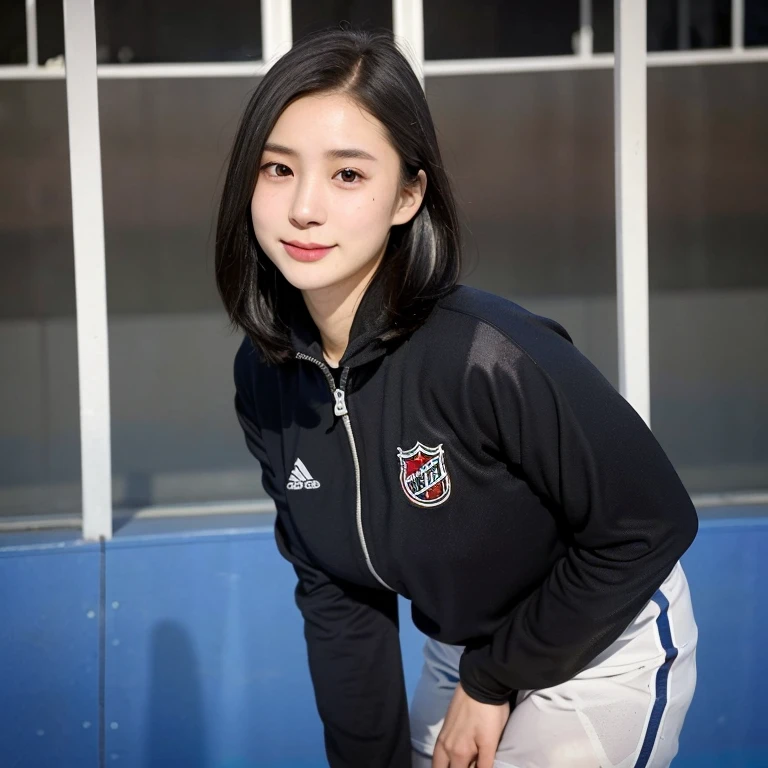 (kawaii 24year-old Japanese girl, Nogizaka idol, Korean idol), female ice hockey player, (glossy black hair, very short hair:1.3), (rounded face, black eyes, single eyelid, no makeup, soft smiling:1.2), (wearing long sleeved ice hockey jersey:1.5), (flat chest, extra small breasts:0.8), (looking at viewer:1.2), BREAK, (ice skate arena background:1.3), (view from forward, close shot:1.3), BREAK, (masterpiece, best quality, photo realistic, official art:1.4), (UHD, 8K quality wallpaper, high resolution, raw photo, golden ratio:1.3), (shiny skin), professional lighting, physically based rendering, award winning, (perfect anatomy, highly detailed skin, extremely detailed face and eyes:1.2), Carl Zeiss 85 mm F/1.4, depth of field, 1girl, solo, nhl player, national hockey league player,