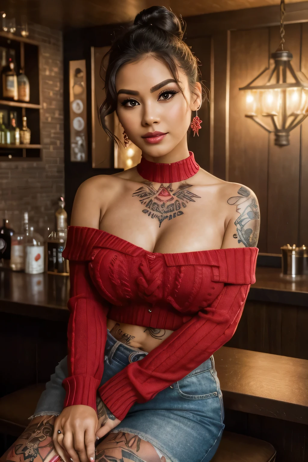 ((best quality)), ((masterpiece)), ((realistic)), ((ultra high res)), ((UHD)), (high details), perfect face, ((photorealistic:1.4)),
an Indonesian milf, (square faced)
textured skin, makeup face (eyebrows, eyeliner, lipstick, blush on, curled eyelashes),
((plump_body)),
short ((hair_bun)), (Black_choker),
((red sweater off the shoulder, lace_G-string)),
sitting with her legs open on the bar table,
doing a photo shoot in small bar at home,
dynamic pose, faint smile, looking at the viewer, sharp focus,
full body photo, (Bokeh),
((chest_tattooed)),