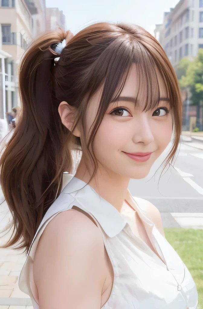 masterpiece, highest quality, Official Art, (Highly detailed CG Unity 8k wallpaper), Detailed Background, (Handcrafted by Guido Daniele: 1.1), feet outside the frame, First Person View, 1, Attractive and perfect beautiful woman, , JK, uniform, summer, sunlight, blue sky, The wind is blowing strongly, Optimal ratio of four fingers to one thumb, (Curvaceous),whole body、Description ( White thighs: 1.12), (Brown long hair (Ahoge: 1.13), (High Ponytail: 1.12), Look at the people watching, Beautiful Face, (blush: 1.11), (smile: 1.11)