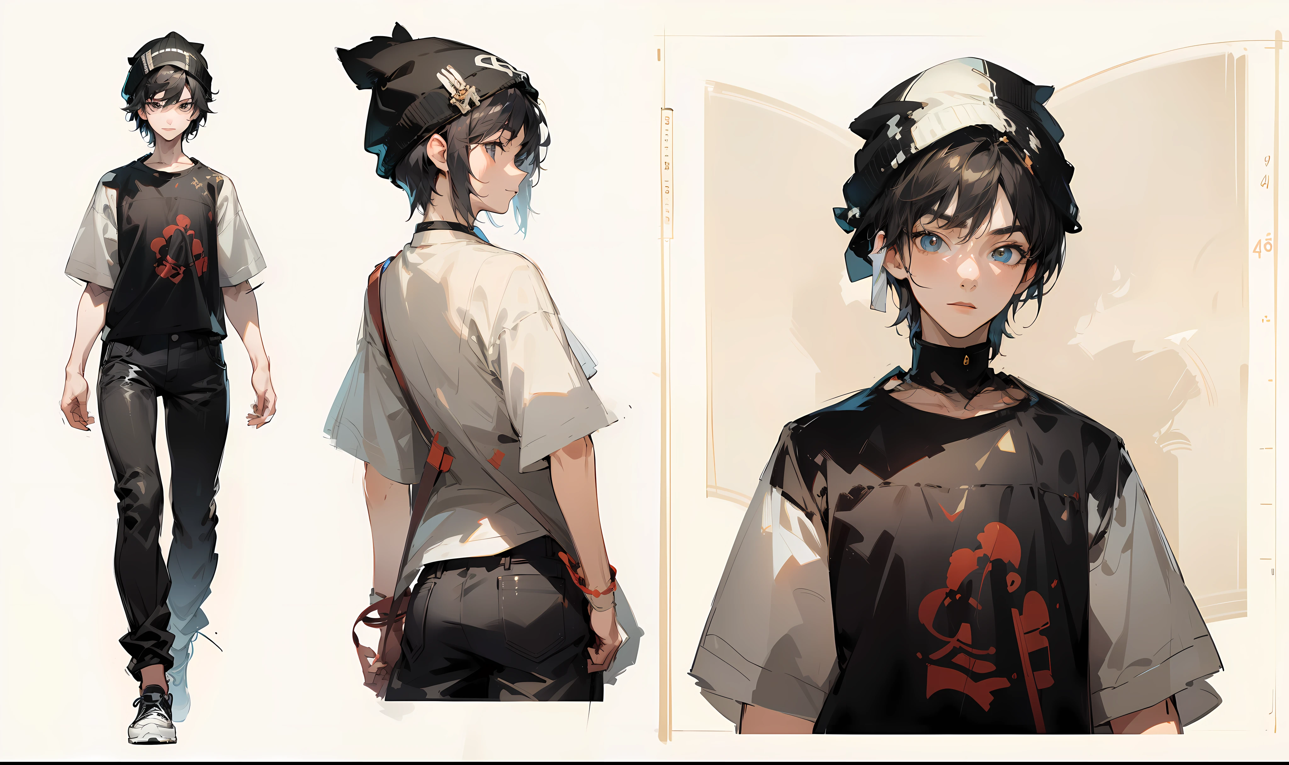 ((character sheet)) 1 boy, best quality, Cool looking teen age boy, Character sheet,T- pose , beautiful eyes , detailed face , wearing t-shirt, different angles, different poses, different head poses, forward, backward, simple background, Boy student,Light-colored clothes,short detailed hair,Black color hair,The shirt,full body, Adult male、((Adult 21 years old))、((Adult older brother)), Black short hair, character references, black eyes, black big shirt, black baggy shorts, white shoes, male, Full body, Character design , reference sheet, dynamic poses, detail face, ((Best Quality)), ((Masterpiece)), ((Realistic)) 19 year old, boy, wavy, relaxed happy face ((slender)), (((detailed character sheet, frontal view, side view, three quarter view, full body view))) white background, ((beanie hat)), (intricate-detail:1.2),(masterpiece, :1.3) ,(top-quality:1.4), (A high resolution:1.2), A high resolution, (A detailed eye), (detailed facial features), 8K resolution, (Lens Flare: 0.7), turned around, (8K, masterpiece, Highest Quality, Best Quality, Official art, Breathtaking beauty and aesthetics, A highly detailed, full body character design, full body