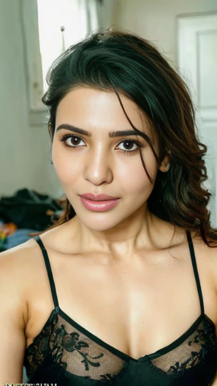 Top down view, A photograph of beautiful samantha ruth prabhu showing her half body, messy long free black hair, sunlight, ((lingerie)),clear forehead, capturing a home-made photo from bedroom,biting her lips sexily, looking up into camera, She looks into the camera with black pupil eyes, Background is a messy middle class bedroom,half body seen, realistic, Soft, cool light filter, casting a golden glow on her face, average size,((clear forehead)), ((untoned abs)), half body, tongue out
Camera Settings:
Type of Photography: Selfie, Gear: Samsung Galaxy S21, Settings: f/11, ISO 100, 1/50 sec.