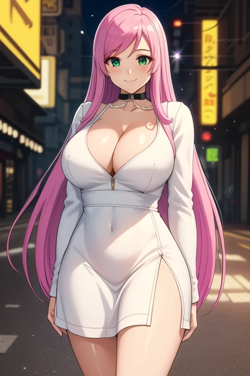 1 girl, 19 years old, Long pink hair, green eyes with slit pupils, master-piece, best quality, (standing up), (short white dress), (long sleeve white dress, cleavage), (Big , ultra gigantic , Super super big, Glamorous body), Make eye contact with the camera, front figure, looking forward, (light_Smile:1.5), (Detailed hands and fingers:1.2) (Cyberpunk City), (FULL BODYSHOT), thighs thighs thighs thighs、beauty legs、Bare legs