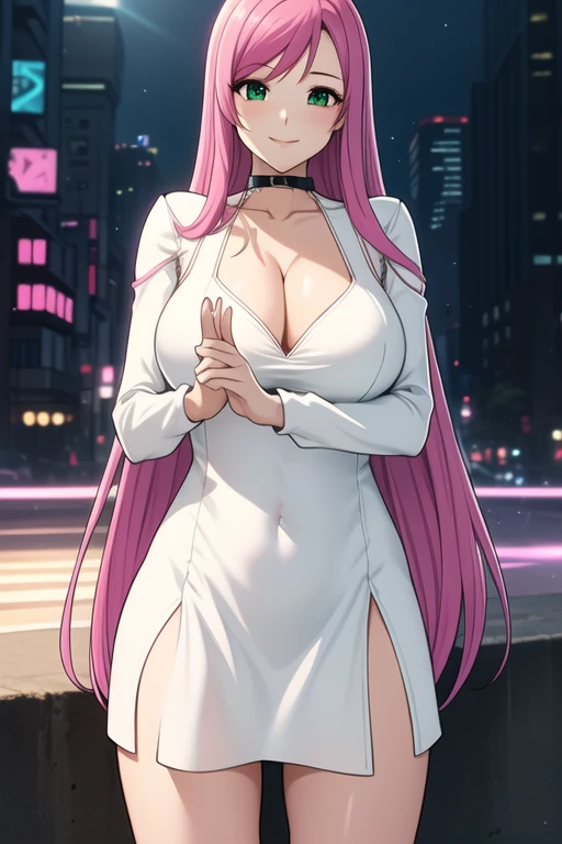 1 girl, 19 years old, Long pink hair, green eyes with slit pupils, master-piece, best quality, (standing up), (short white dress), (long sleeve white dress, cleavage),  (Big , ultra gigantic , Super super big, Glamorous body), Make eye contact with the camera, front figure, looking forward, (light_Smile:1.5), (Detailed hands and fingers:1.2) (Cyberpunk City), (FULL BODYSHOT), thighs thighs thighs thighs、beauty legs、Bare legs