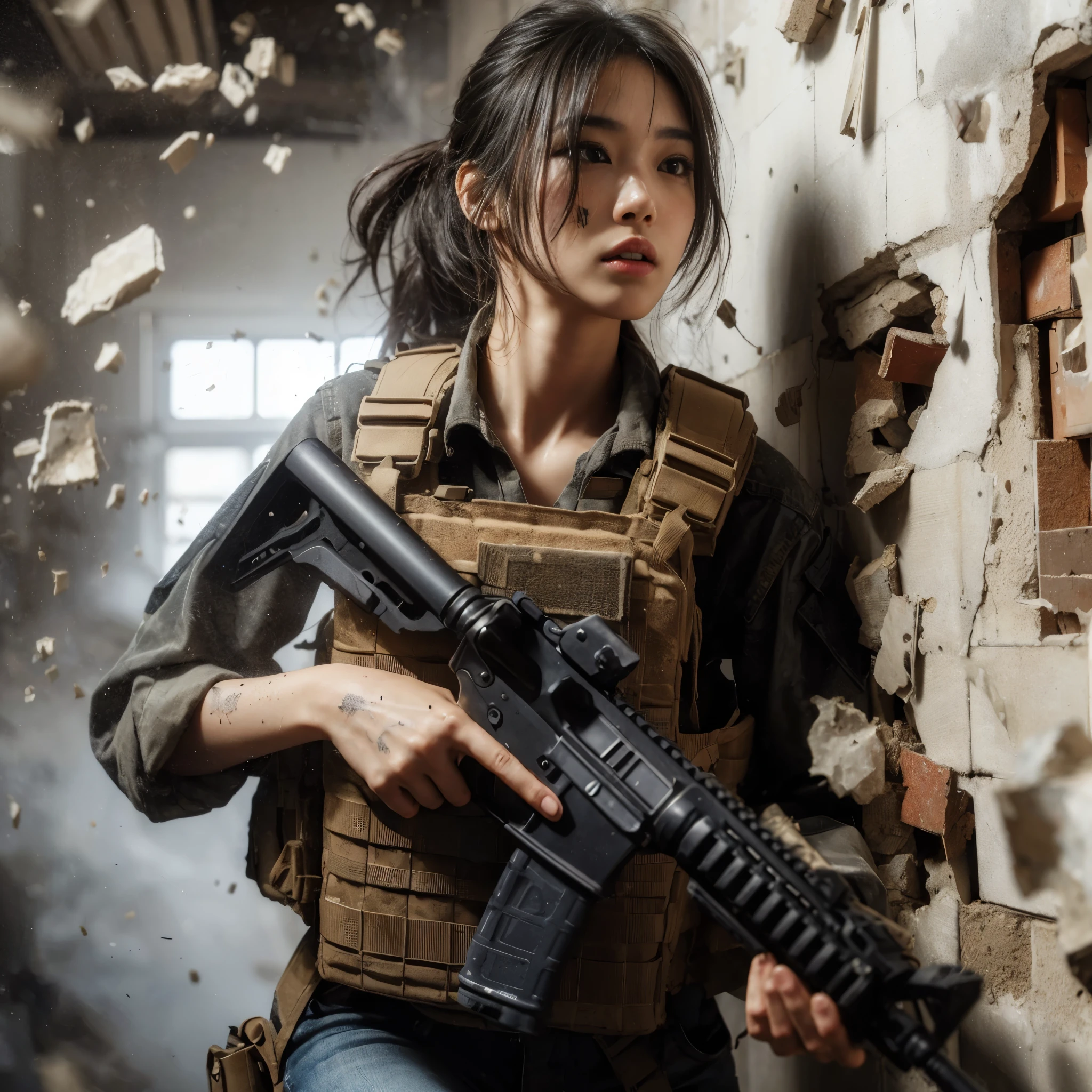 (highest quality, 8k, Realistic photos:1.2), Realistic skin texture, Beautiful Japanese women serving in the US military, In a rubble-strewn building, get attacked, Resist and try to escape, Collapsing Wall, Assault rifle, Bulletproof vest, Backpack, boots, Covered in scars, A look of determination, Dynamic pose, Innovative Configuration, Dust in the air