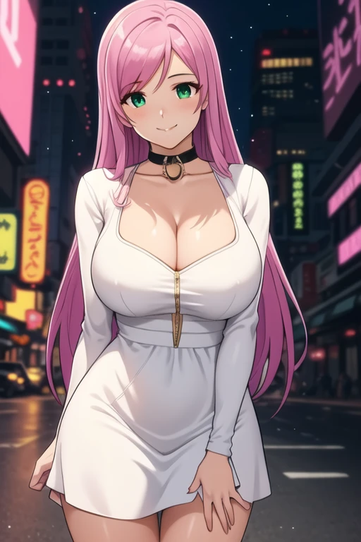 1 girl, 19 years old, Long pink hair, green eyes with slit pupils, master-piece, best quality, (standing up), (short white dress), (long sleeve white dress, cleavage), (Big , ultra gigantic , Super super big, Glamorous body), Make eye contact with the camera, front figure, looking forward, (light_Smile:1.5), (Detailed hands and fingers:1.2) (Cyberpunk City), (FULL BODYSHOT), thighs thighs thighs thighs、beauty legs、Bare legs