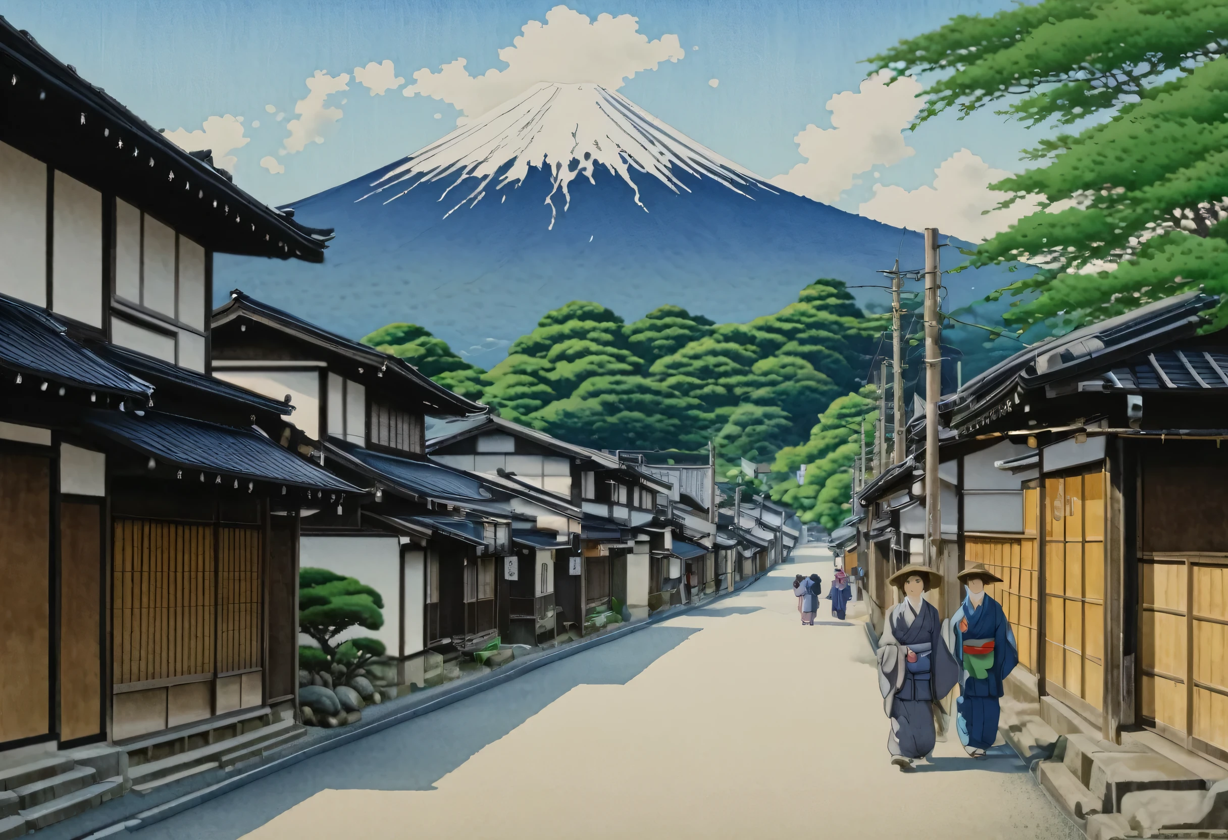 A street scene painting of people walking along the street, Japan Streets, Japanese Town, Japanese Village, Japanese cities, inspired by Hasui Kawase, Landscape painting, Japanese art style, Detailed Landscape — Width 672, inspired by Kawase Hasui, Detailed painting 4k, Japanese watercolor painting, Traditional Japanese concept art, Inspired by Hanbei Yoshida