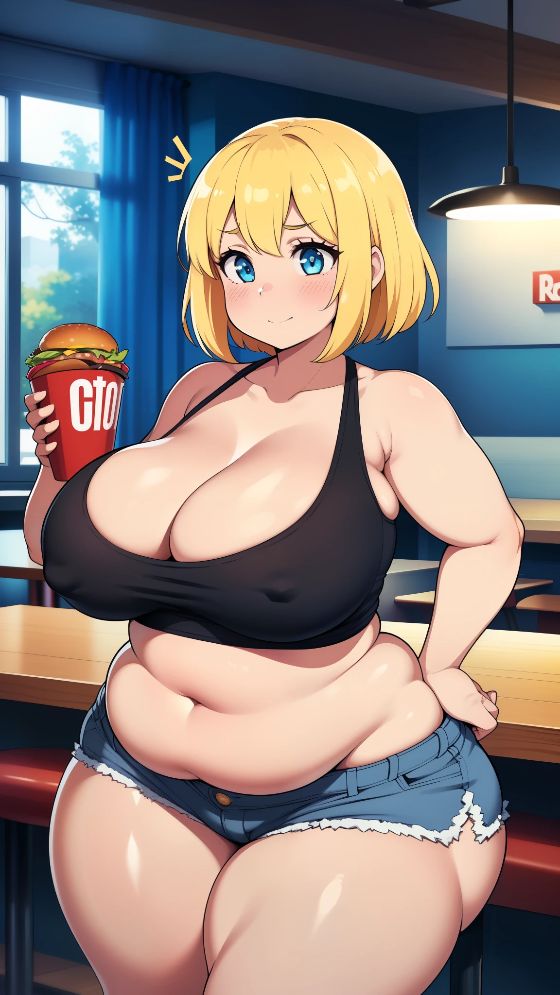 ((highres)), Masterpiece, high quality, best quality, beautiful, perfect lighting, detailed face, ultra cute face, (((1girl))), ((solo)), blush, blonde hair, blue eyes, crop top and shorts, fast food restaurant, cleavage, medium breasts, ((wide hips)), ((thick thighs)), ((plump)), chubby belly, fat folds, belly hang, standing, touching each other,