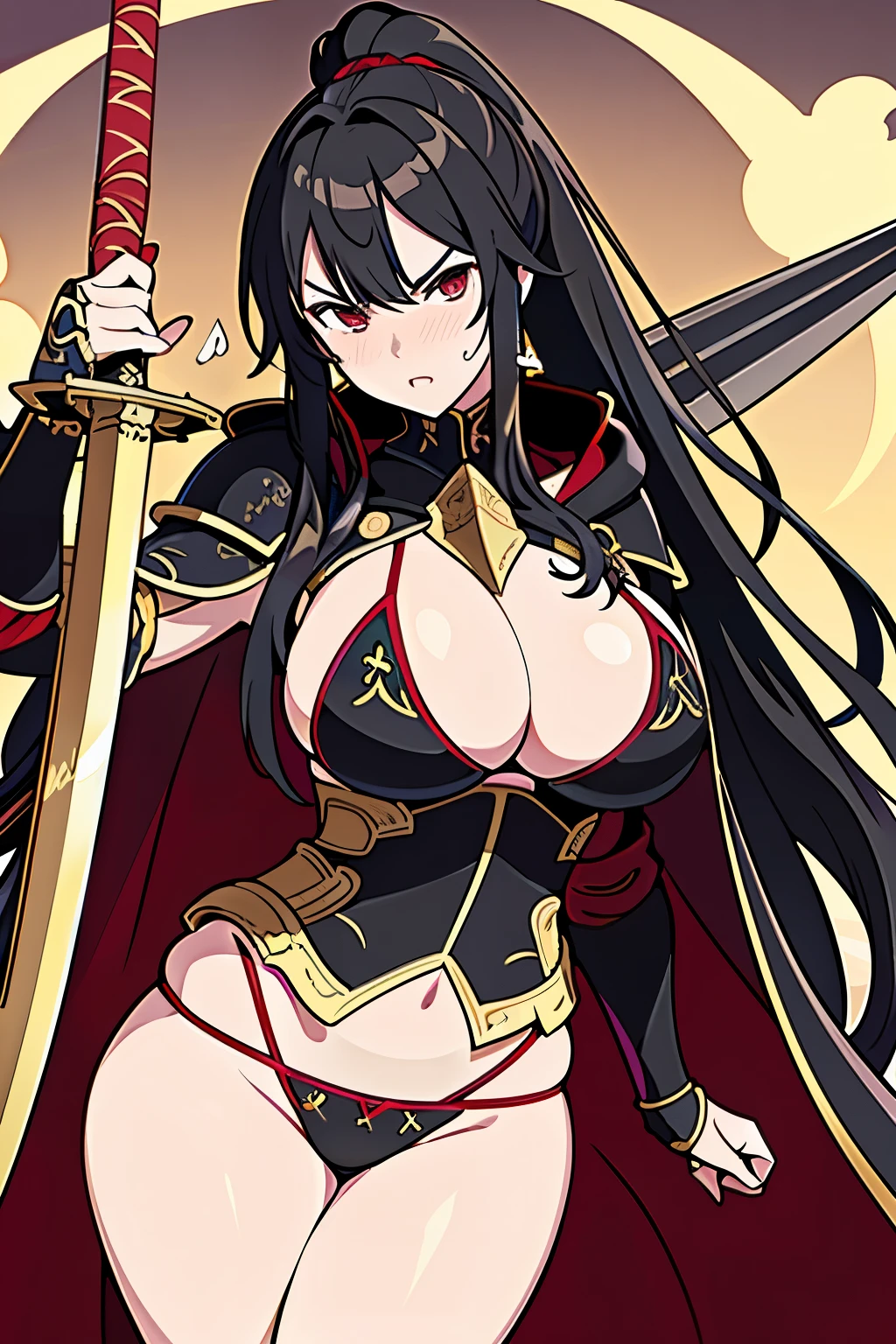 ((highest quality)), ((masterpiece)), (detailed), Perfect Face、knight、Big Tits、ponytail、Black Hair、Long Hair、Wearing armor、Wearing a cloak、Has a big sword、Red Cape、golden armor、Exposing the upper part of the chest、Bikini Armor、Mature Woman、Brandishing a Sword、Throw your hands out in front of you、Angry face、