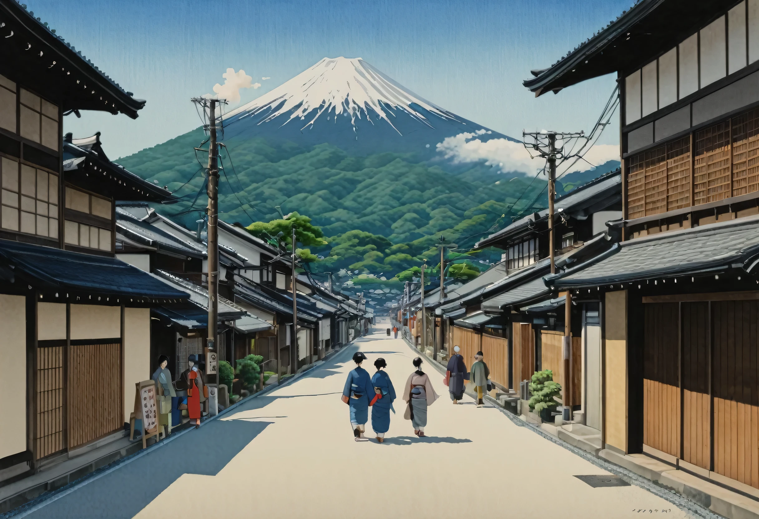 A street scene painting of people walking along the street, a hyperrealistic painting inspired by Hasui Kawase, pixiv Contest Winner, ukiyo-e, Japan Streets, Japanese Town, Japanese Village, Japanese cities, Landscape painting, Japanese art style, Detailed Landscape — Width 672, Detailed painting 4k, Japanese watercolor painting, Traditional Japanese concept art