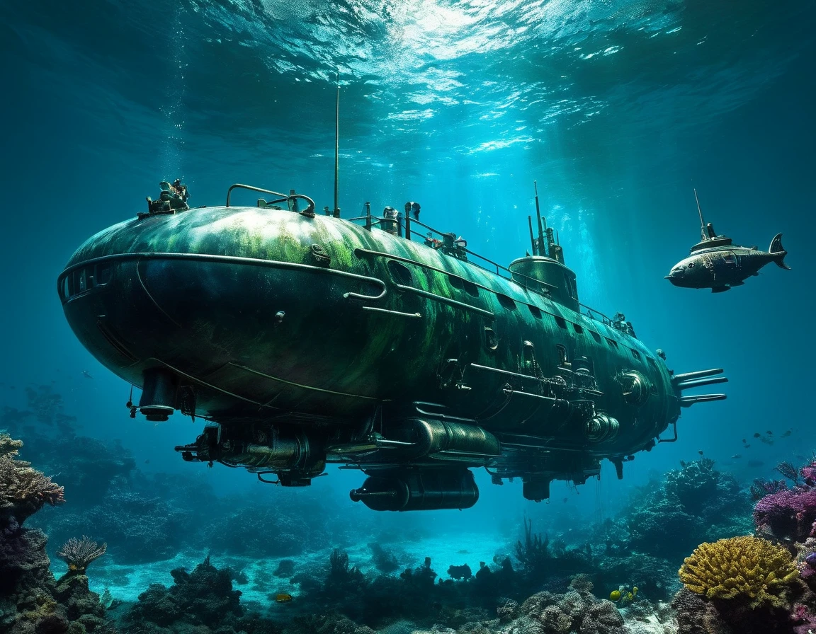 Digital photo art by Andreas Franke style A sketch in alcoholic ink in of Benedick Bana. The Nautilus submarine (Captain NEMO) in the neon depths of the ocean. A masterpiece. Hyperdetalization. 32k . octane rendering, similar to unreal engine. Epic and stunning. The brightest colors, monumental masterpiece, vivid colors, volumetric lighting, cinematic allure.