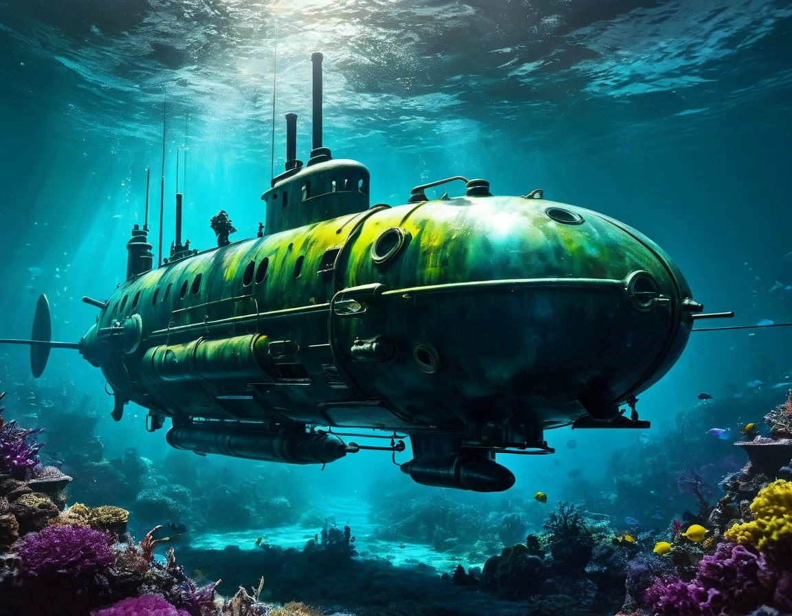 Digital photo art by Andreas Franke style A sketch in alcoholic ink in of Benedick Bana. The Nautilus submarine (Captain NEMO) in the neon depths of the ocean. A masterpiece. Hyperdetalization. 32k . octane rendering, similar to unreal engine. Epic and stunning. The brightest colors, monumental masterpiece, vivid colors, volumetric lighting, cinematic allure.