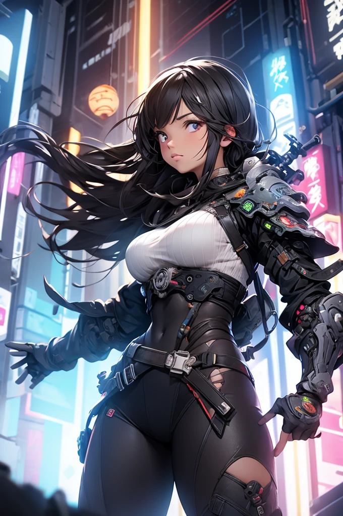 (masterpiece, best quality:1.1),
(8k, best quality, masterpiece, ultra highres, ultra-detailed:1.2),future technology,1girl,A japanese samurai girl wearing a cyberpunk-style mecha costume,dynamic poses,(glowing electronic screen),(Electronic information flow:1.3),Holographic projection,(Glowing electronic screen on arm:1.2),whole body,Multi-wire striations,Luminous text on thigh,(girl pose:1.2),Glowing electronic shoes,whole body,Colored smoke,City blocks,skyscraper,neon lights，