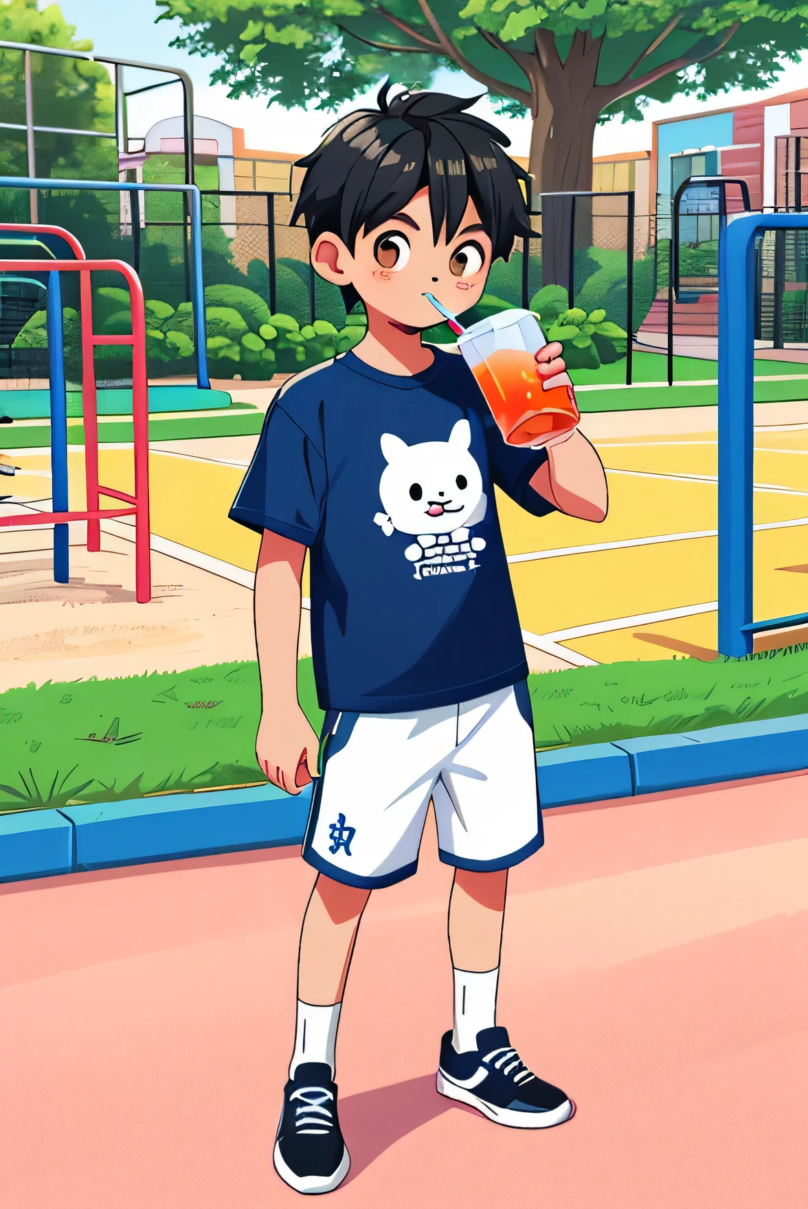 A boy exuding youthful charm after exercising on the playground,Drinking a drink,wearing clothes,The clothes are printed with ha