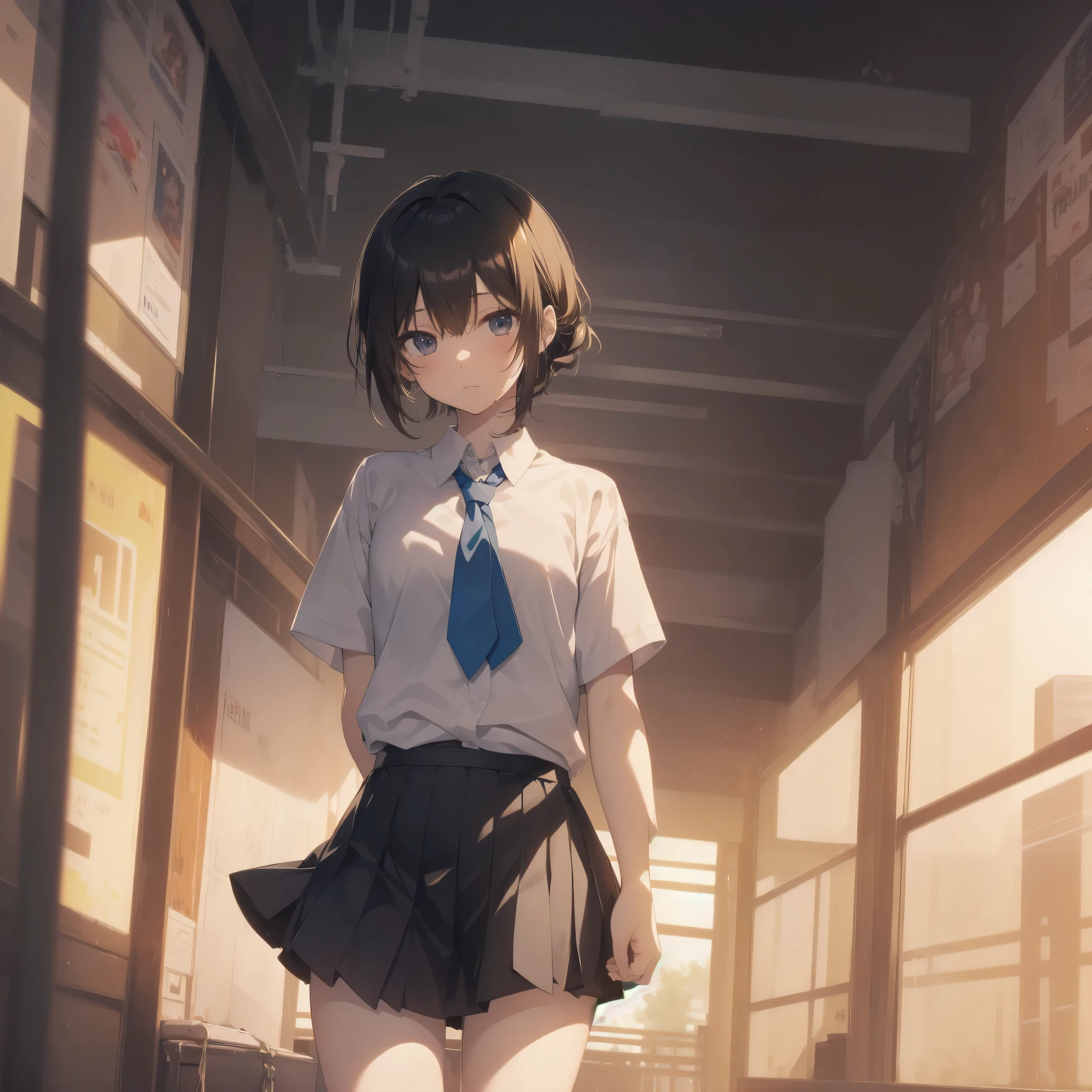 ultra-absurdres-Top quality by artist God, ultra-detailed, high resolution, anime moe artstyle, best anime 8k konachan wallpaper, pixiv contest winner,pool:2810, perfect anatomy,break, 1girl, (Please draw a girl walking sleepily to school alone. )break,(Solo,little female, 13-year-old:1.3),Full limbs, complete fingers,a junior high school student, (very short hair), short cut, flat chest, , small butt, small black eyes, beautiful detailed eyes, well-proportioned iris and pupils, expressive eyes, highres detailed hair, soft expression, school_uniform, official_alternate_costume, neckerchief, collared shirt. pleated skirt,(Detailed Lighting), (Detailed background), in the School commute route. break,super detailed skin, Best cinematic lighting powered by famous artist, 8k,beauty illustration,photoshop_(medium),very aesthetic,break,((artist:hara_(harayutaka) )), artist:bolze ,artist:oyari_ashito ,artist:kantoku ,