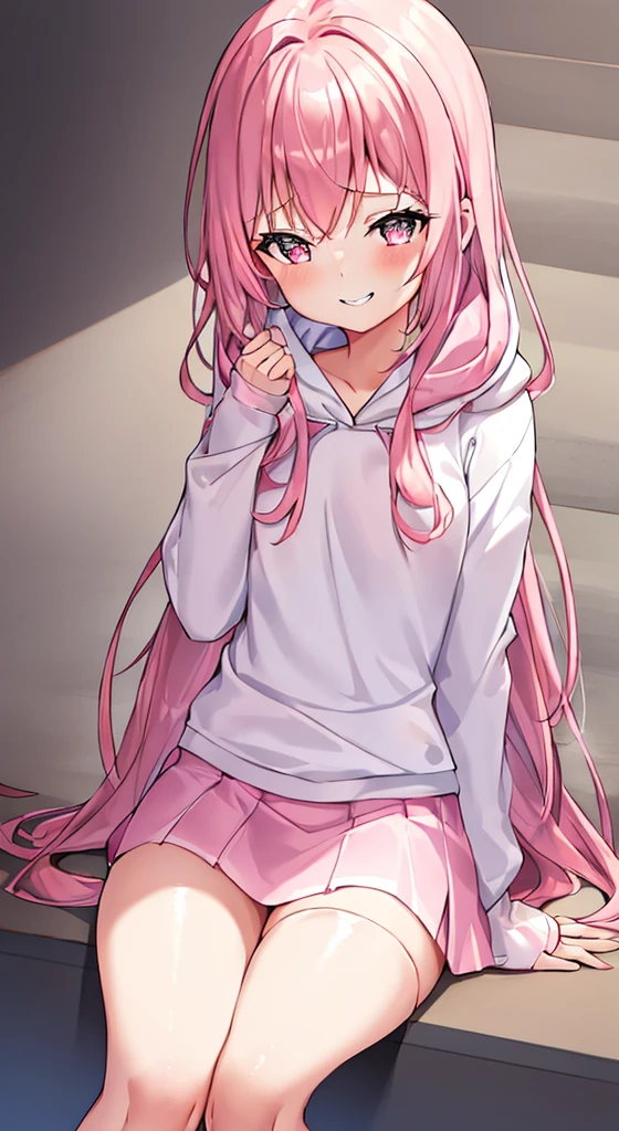 Young girl, Pink Hair, Amber Eyes, Wearing a white shirt, hoodie, mini skirt, white and pink thigh high socks, Sitting on the stairs, close, High resolution, 4K, 8k, Soft lighting, Big smile, close your eyes, cheeks turn a little red, Detailed face, Long Hair