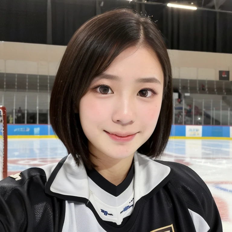 (kawaii 24year-old Japanese girl, Nogizaka idol, Korean idol), female ice hockey player, (glossy black hair, very short hair:1.3), (rounded face, black eyes, single eyelid, no makeup, soft smiling:1.2), (wearing long sleeved ice hockey jersey:1.5), ice hockey gloves, (flat chest, extra small breasts:0.8), (looking at viewer:1.2), BREAK, (ice skate arena background:1.3), (view from forward, close shot:1.3), BREAK, (masterpiece, best quality, photo realistic, official art:1.4), (UHD, 8K quality wallpaper, high resolution, raw photo, golden ratio:1.3), (shiny skin), professional lighting, physically based rendering, award winning, (perfect ???????, highly detailed skin, extremely detailed face and eyes:1.2), Carl Zeiss 85 mm F/1.4, depth of field, 1girl, solo, nhl player, national hockey league player,