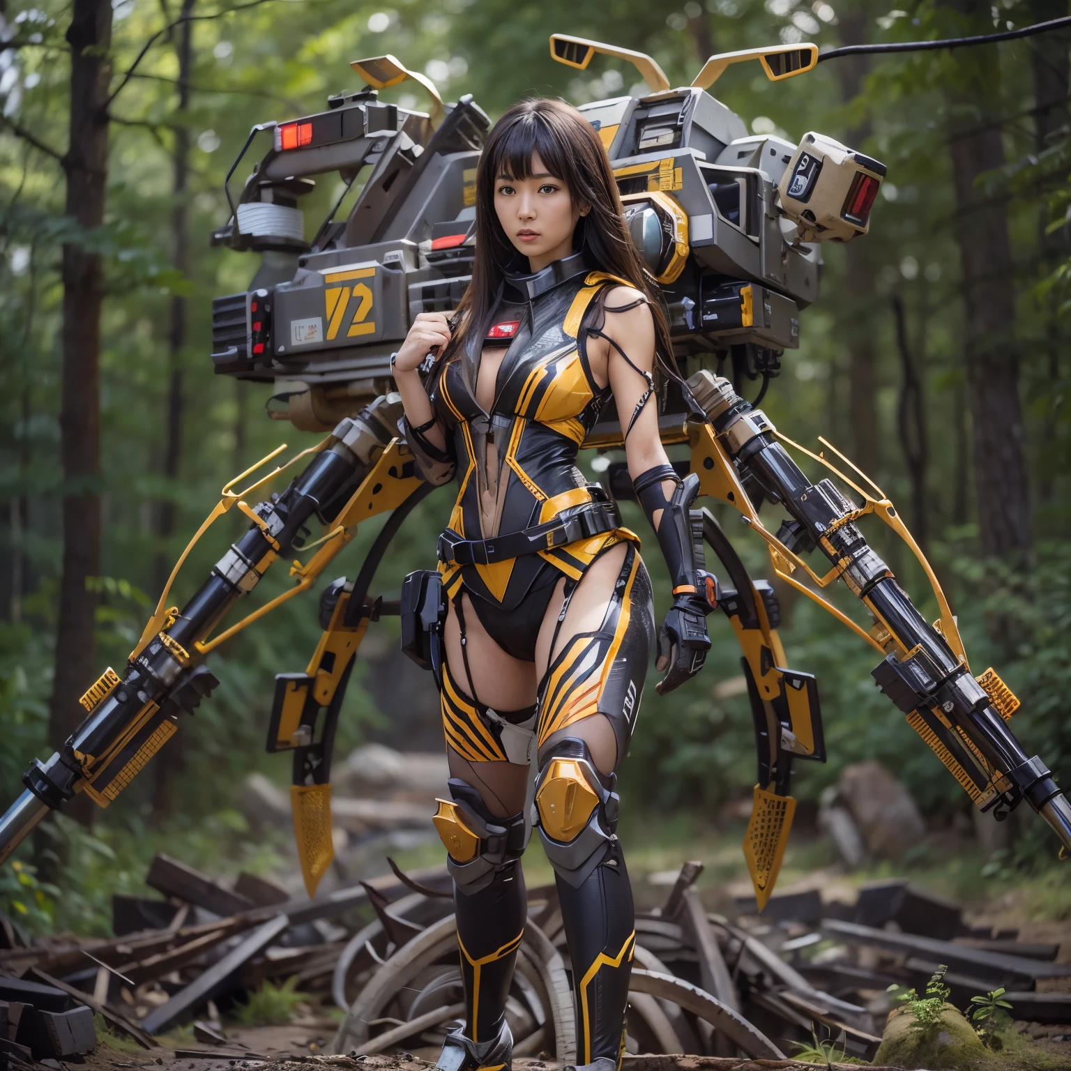 Japanese woman in scorpion-shaped power suit, brown accents, hydraulic cylinders, power cables, metal textures, base in forest, hover movement, ultimately intricate details, lighting highlighting machinery, photorealistic