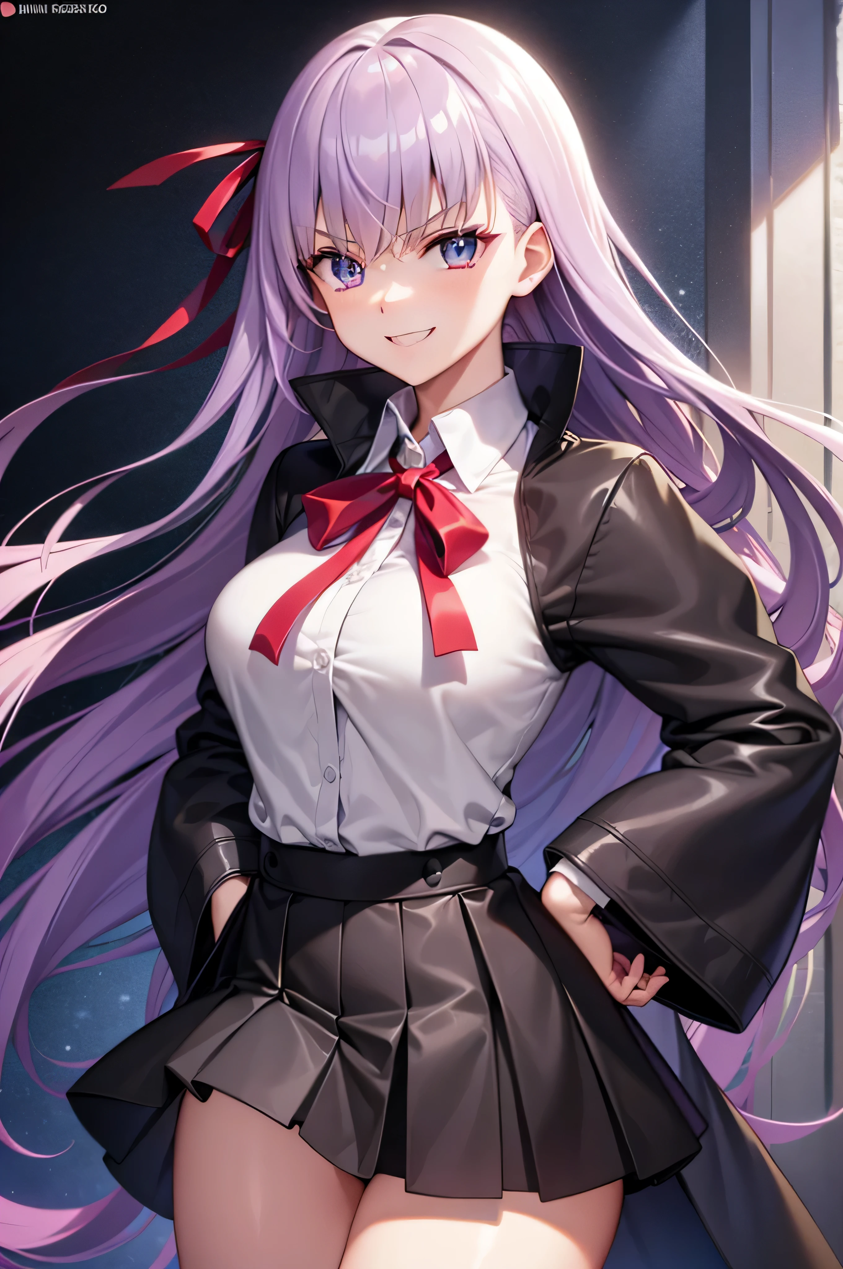 Hugob, nffsw, Purple hair, Long hair, Bangs, (Purple eyes:1.1), (medium breasts⁩:1.2),Blake Black Jacket, Black skirt, Collared shirt, Hair Ribbon, high waist skirt, Jacket, Long sleeves, Neck ribbon, Open your clothes, Open jacket, Pleated skirt, Red Ribbon, bow ribbon, Shirt, Skirt, sleeves past wrists, White shirt, Wide sleeves,BREAK looking at viewer,BREAK outdoors, BREAK (masutepiece:1.2), Best Quality, High resolution, Unity 8k wallpaper, (Illustration:0.8), (Beautiful detailed eyes:1.6), extra detailed face, Perfect Lighting, extremely details CG, (Perfect hands, Perfect Anatomy),miscievous smile,hand on hip,(evil smile:1.3),dark aura,official art,Highly detailed CG Unity 8K wallpaper, perfect lighting,