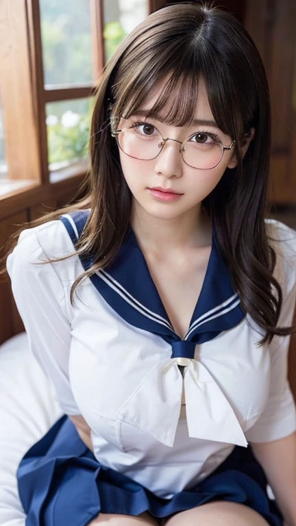 Sitting with legs crossed,1 girl, Very bright backlight,alone, {Beautiful and detailed}, Photo lying in bed, Very beautiful big (Huge breasts:1.5) And a small waist ((Press the chest)) 、Big Breasts,Calm expression, Natural soft light,, Delicate features, Blunt bangs, Beautiful Japanese Girl, 18-year-old, ((Seductive pose)), attractive figure,(Blonde), Light grain, Real Hands, masterpiece, highest quality, Realistic, Very detailed, In detail, High resolution,Beautiful Hair, Perfect dynamic composition, Beautiful and beautiful eyes, Japanese Idols,((I&#39;m nervous and embarrassed)),Sharp focus, beauty mix, (Sailor suit:1.3),Movie Girl,Exhibitionism,shirt,skirt,Showing off,Long Hair,Curly Hair,shame,Glasses