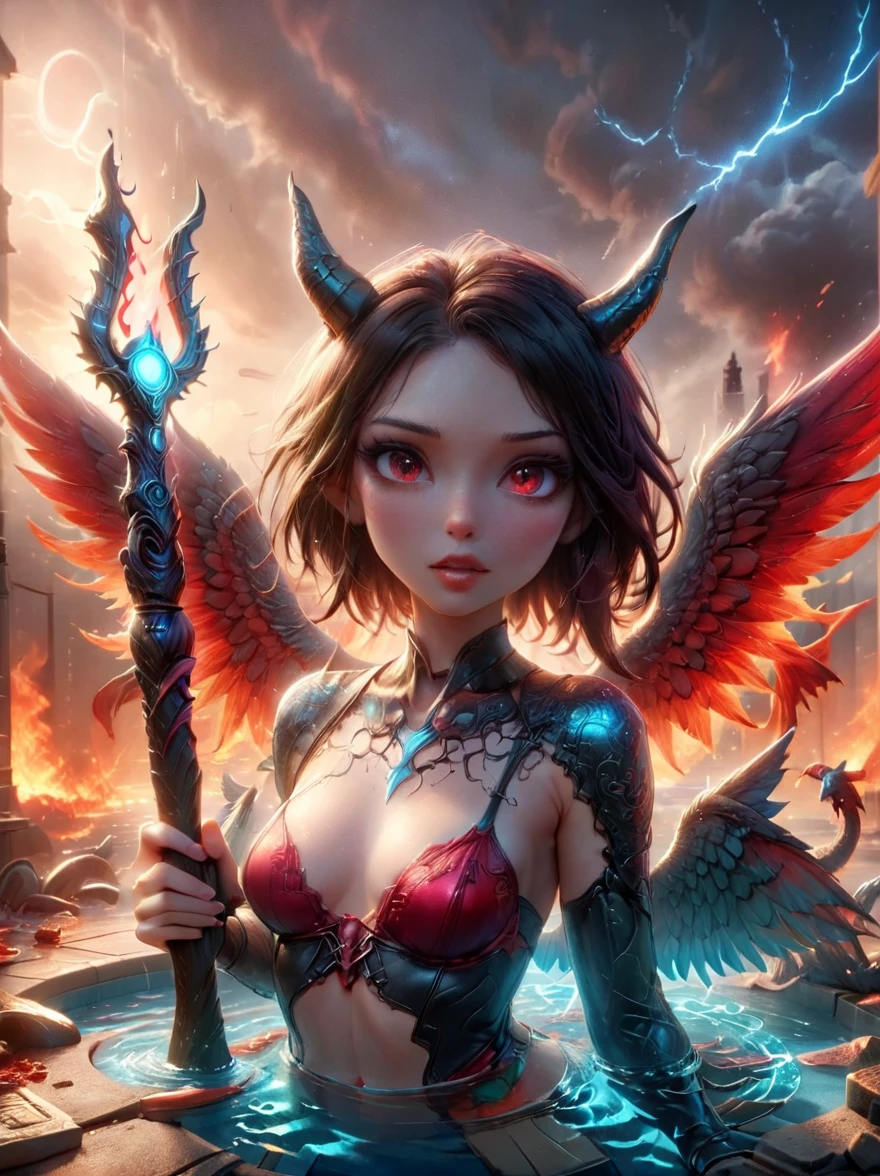Cyberpunk succubus warrior in neon mecha armor,Holding a staff in a pool of blood,Luminescence的光眼,Devil's Wings,Wide-angle lens,biology,weird,Creepy,nightmarish,Very bright neon colors,Light Particles,Luminescence,Best Photo of the Year Winner,the world on fire,Post-apocalyptic hellscape,Military photography,Epic Photo of the Yeare on the horizon,Epic movie shots,Pure form,Intricate details,8k,Post-production,high resolution,Super Detail