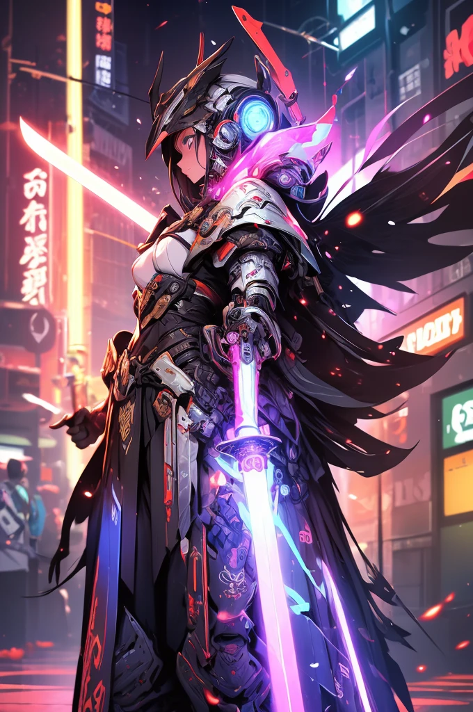 (masterpiece, best quality:1.1),
(8k, best quality, masterpiece, ultra highres, ultra-detailed:1.2),future technology,1girl,A samurai girl wearing a cyberpunk-style mecha costume,Shining laser Japanese sword,dynamic poses,(glowing electronic screen),(Electronic information flow:1.3),Holographic projection,(Glowing electronic screen on arm:1.2),whole body,Multi-wire striations,Luminous text on thigh,(girl pose:1.2),Glowing electronic shoes,whole body,Colored smoke,City blocks,skyscraper,neon lights，