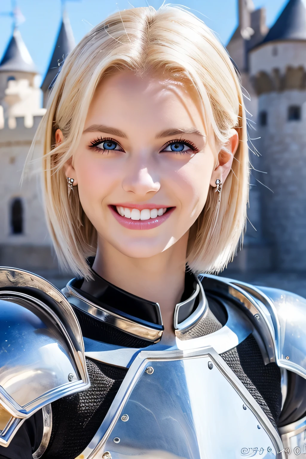 ８Ｋ、highest quality、female knight、Luxurious Silver Armor、、hairstyle short cut、smile、Beautiful Teeth、Full body photo、ear piercing、blonde、White woman、blue eyes、Heavy makeup、The background is inside the castle

