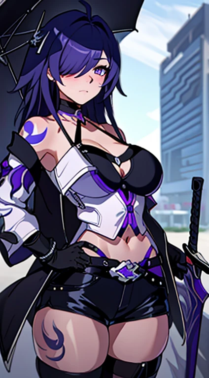 (masterpiece, best quality: 1.2), 1girl, solo1girl black shorts, blue hair breasts, gloves, hair over one eye, holding sword, jacket, long hair, looking at viewer, big breasts, navel, purple hair, short shorts, tights, transparent umbrella, fringed belt, blush jewel neckline, large breasts, long bikini, bare shoulders, leg tattoo, pubic tattoo raiden mei thigh tattoo black choker cityscape (2) highlighted sleeves hand on hip black dress