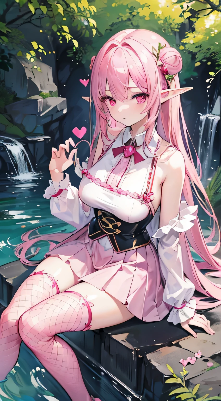 high quality, masterpiece, Very detailed,Long Hair, beautiful girl,Pink eyes髪,Pink eyes,chest,Shoulder Bare,Pink Elf Costume,Short skirt,Black fishnet stockings,sitting on a stone,Looking at the camera,Heart Hands