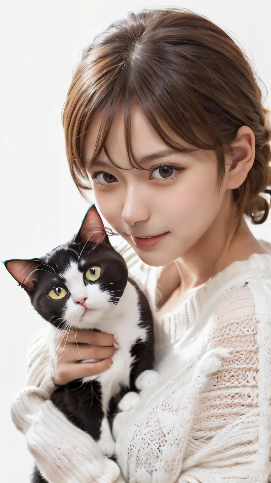 masterpiece, 4k, Bokeh, beautiful face, (Cat ear:1.3), (brown hair:1.3) , (white knit onepiece:1.6), (Japanese idle:1.6), Blushed face, looking at the viewer, cowboy shot, Holding white cat , (white background :1.4), 