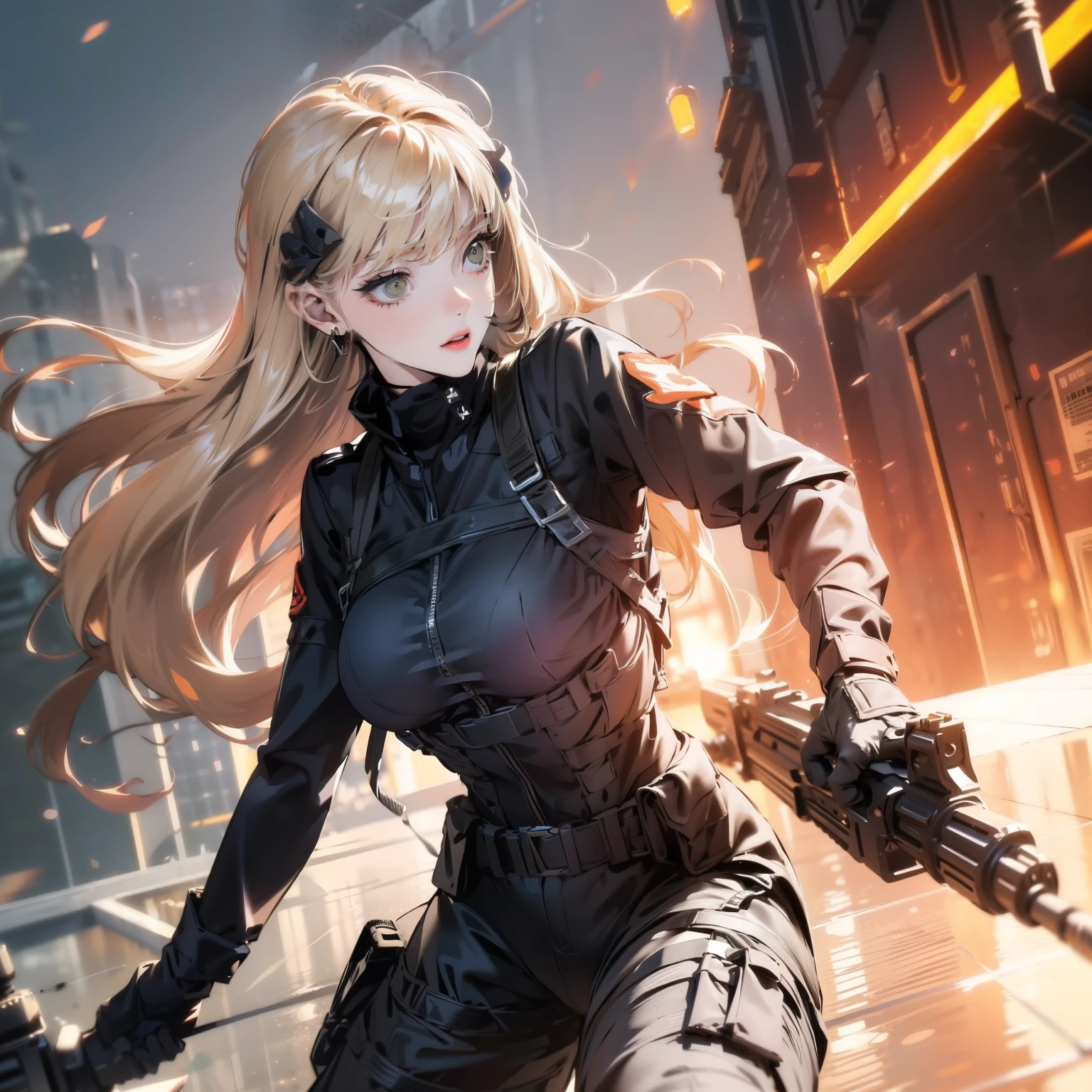 (trained female soldier)、((Aiming withour a rifle:1.4、sniper stance、guns、hour&to hk416))、1 woman、thourick body、(black combat uniform)、(platinum-blonde-hourair:1.2)、((超A hourighour resolution))、write in detail、masterpiece、top quality、Extremely detailed CG、8K quality、Cinematographouric lighourting、lens flare、(Skyscraper rooftop at nighourt:1.4)、hyper detailing、((Dynamic Angle Bust Shourots:1.4))、detailed gun description、Rifle withour perfect detail、Perfect barrel thourat does not distort、Fighourter in thoure sky、military drone