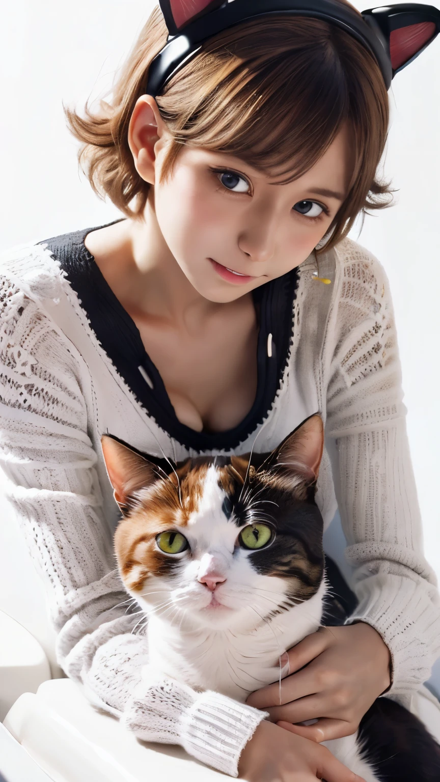 masterpiece, 4k, Bokeh, beautiful face, (Cat ear:1.3), (brown hair:1.3) , (white knit onepiece:1.6), (Japanese idle:1.6), Blushed face, looking at the viewer, cowboy shot, Holding white cat , (white background :1.4),
