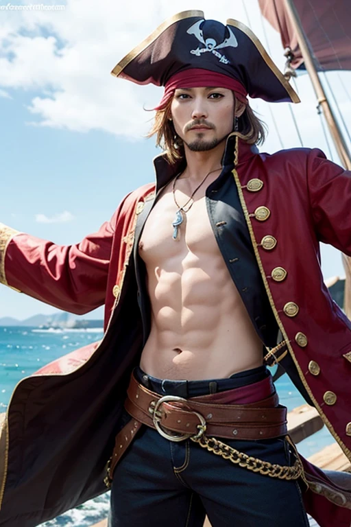 Doflamingo from One Pice wearing pink pants, a pink feather coat, on a pirate ship. realistic