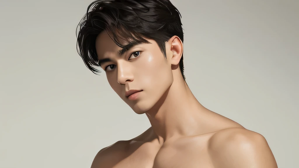 Handsome Age 25 Upper body naked Front facing no background looking at the camera up Both shoulders are at the same height and slightly visible Hero