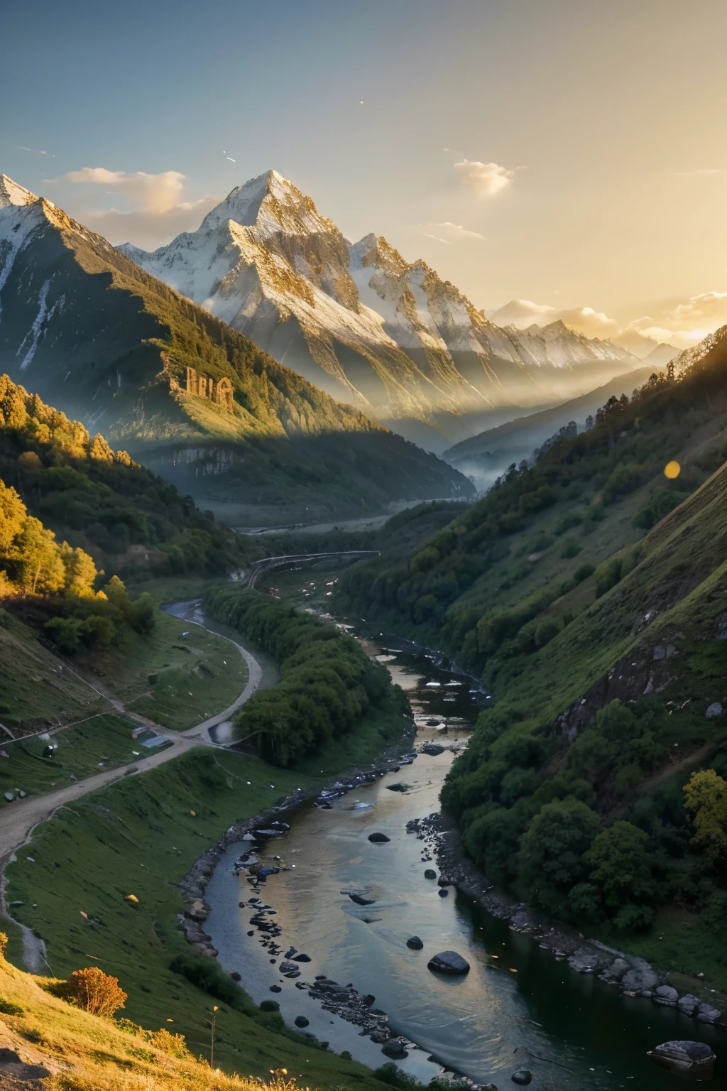 Behold the breathtaking, otherworldly beauty of Uttarkashi's mountains and Harshil Valley, as hyper-realistic imagery immerses you in a realm of surreal wonder (Best quality, Ultra-detailed, Golden ratio, Masterpiece: 1.4). The mountains, with their jagged peaks and snow-capped summits, tower over the valley below, casting long, dramatically shadows on the landscape (dramatic lighting: 0.8). The valley, adorned with lush greenery and crystal-clear rivers, lies at your feet, inviting you to explore its hidden depths (picturesque valley: 1.1).
