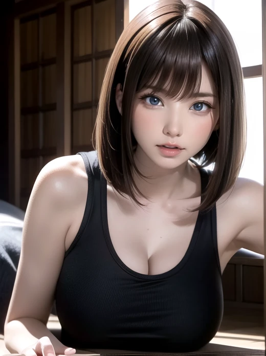 Japanese Girls,(非常にdetailedな肌),curvy,,Beautiful big breasts,(Big Breasts),Pale skin(Fantasy art,Best image quality,Hyperrealist portrait,(8k),Ultra-realistic,最high quality, high quality, High resolution, high quality texture,Attention to detail,Beautiful details,detailed,Extremely detailed CG,detailed Texture,Realistic facial expressions,masterpiece,in front,dynamic,bold),Adult beauty short hair,A rounded bob hairstyle that follows the lines of the face、(Very soft hair),(Super Straight Hair:1.5), sleek bangs,Very light coppery amber hair,Hair on one eye、Stretching on a yoga mat、Wearing tight-fitting yoga wear、Lying face down with back arched、whole bodyをdetailedに描写、whole body