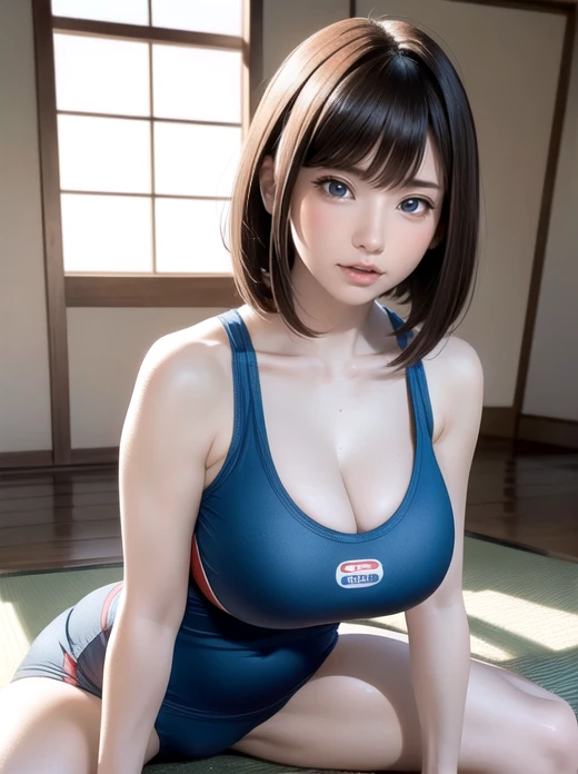 Japanese Girls,(非常にdetailedな肌),curvy,,Beautiful big breasts,(Big Breasts),Pale skin(Fantasy art,Best image quality,Hyperrealist portrait,(8k),Ultra-realistic,最high quality, high quality, High resolution, high quality texture,Attention to detail,Beautiful details,detailed,Extremely detailed CG,detailed Texture,Realistic facial expressions,masterpiece,in front,dynamic,bold),Adult beauty short hair,A rounded bob hairstyle that follows the lines of the face、(Very soft hair),(Super Straight Hair:1.5), sleek bangs,Very light coppery amber hair,Hair on one eye、Stretching on a yoga mat、Wearing tight-fitting yoga wear、Lying face down with back arched、whole bodyをdetailedに描写、whole body