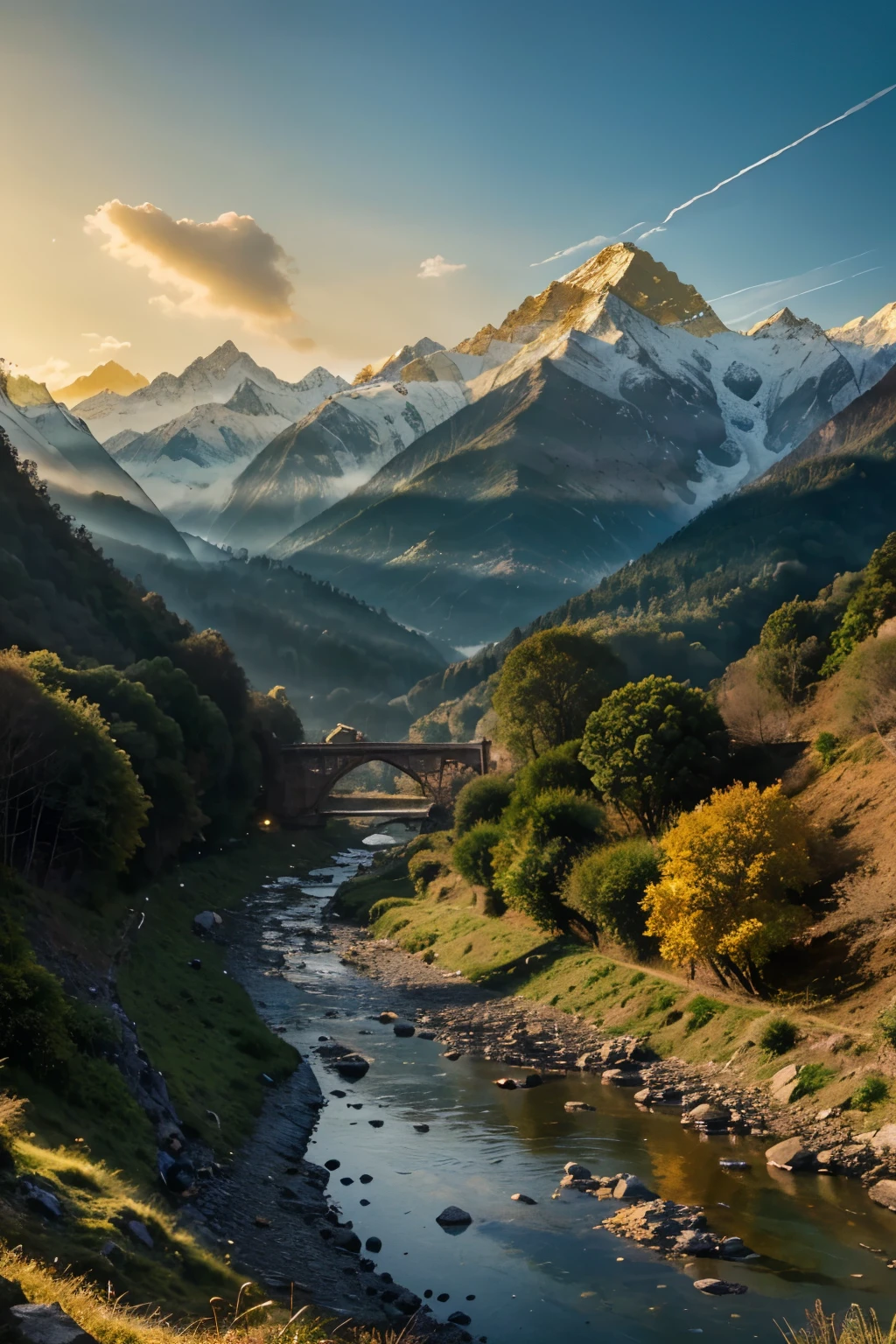 Behold the breathtaking, otherworldly beauty of Uttarkashi's mountains and Harshil Valley, as hyper-realistic imagery immerses you in a realm of surreal wonder (Best quality, Ultra-detailed, Golden ratio, Masterpiece: 1.4). The mountains, with their jagged peaks and snow-capped summits, tower over the valley below, casting long, dramatically shadows on the landscape (dramatic lighting: 0.8). The valley, adorned with lush greenery and crystal-clear rivers, lies at your feet, inviting you to explore its hidden depths (picturesque valley: 1.1).